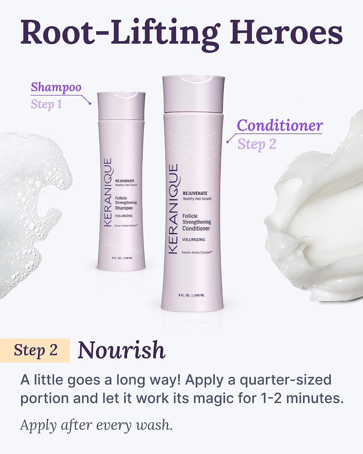 Keranique Volumizing Keratin Conditioner for Thinning Hair, Hair Regrowth | Keratin Amino Complex, Free of Sulfates, Dyes and Parabens, 8 Fl Oz | Volumizes Hair