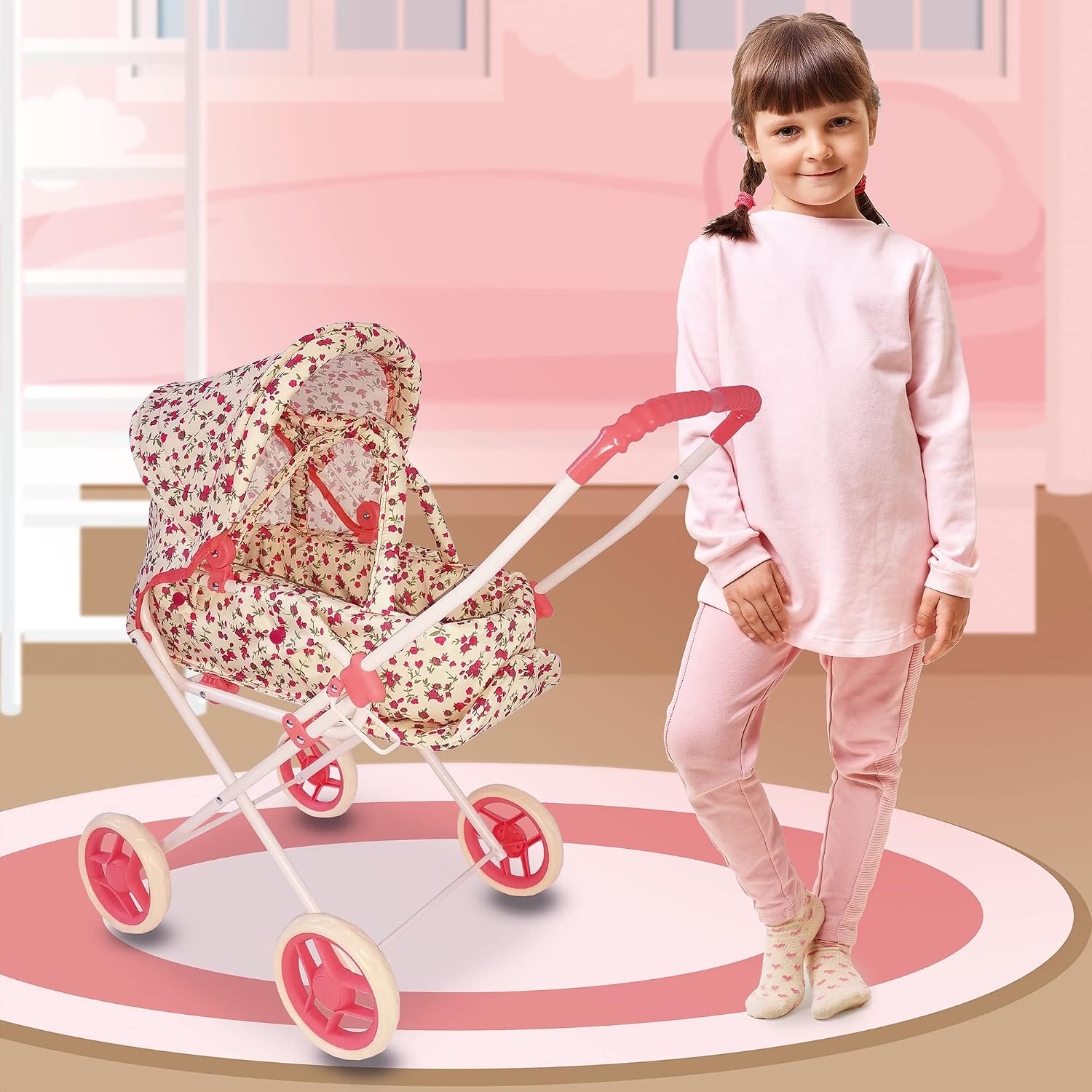 Baby Doll Stroller Play Set, 3-in-1 Babydoll Stroller with Removable Bassinet Baby Carriage for Dolls Toy Doll Stroller for Toddlers 3-4 Years,