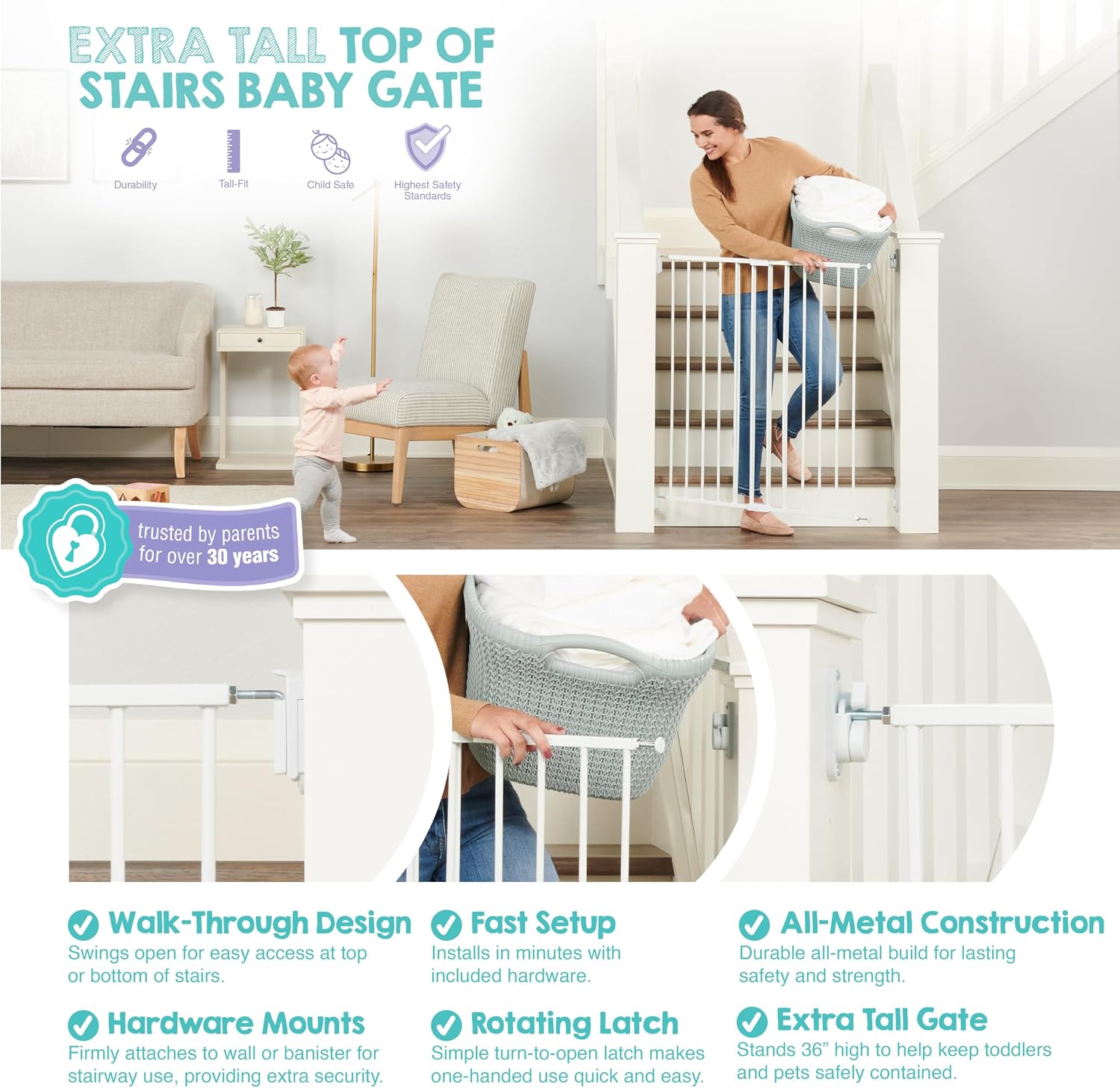Regalo Safety 36" Extra Tall Baby Gate for Top of Stairs & Dooways