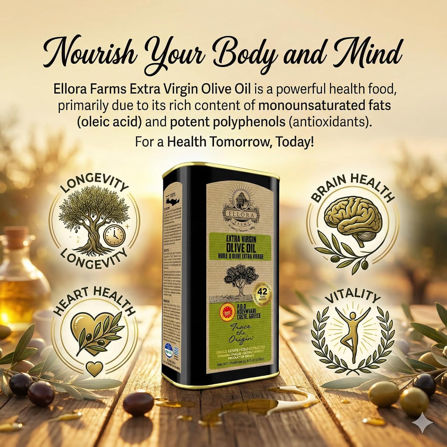 Ellora Farms Olive Oil Extra Virgin, Traceable & Certified PDO Polyphenol Rich Extra Virgin Olive Oil Cold Pressed, Global Gold Awards, Kosher, Single Origin from Crete, Greece 33.8 Fl oz, Pack of 2