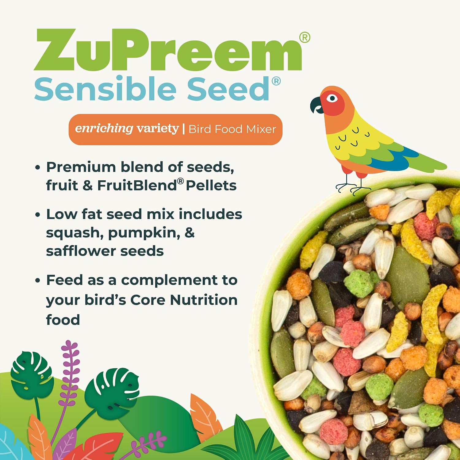 ZuPreem Sensible Seed Parakeet & Budgie Food, Variety Mixer, Small, 2 lb | Bird Food Mixer, Parrot & Parakeet Food, Budgie, Treats, Pellet Mix, Pumpkin Seeds, Safflower, Variety, Made in USA