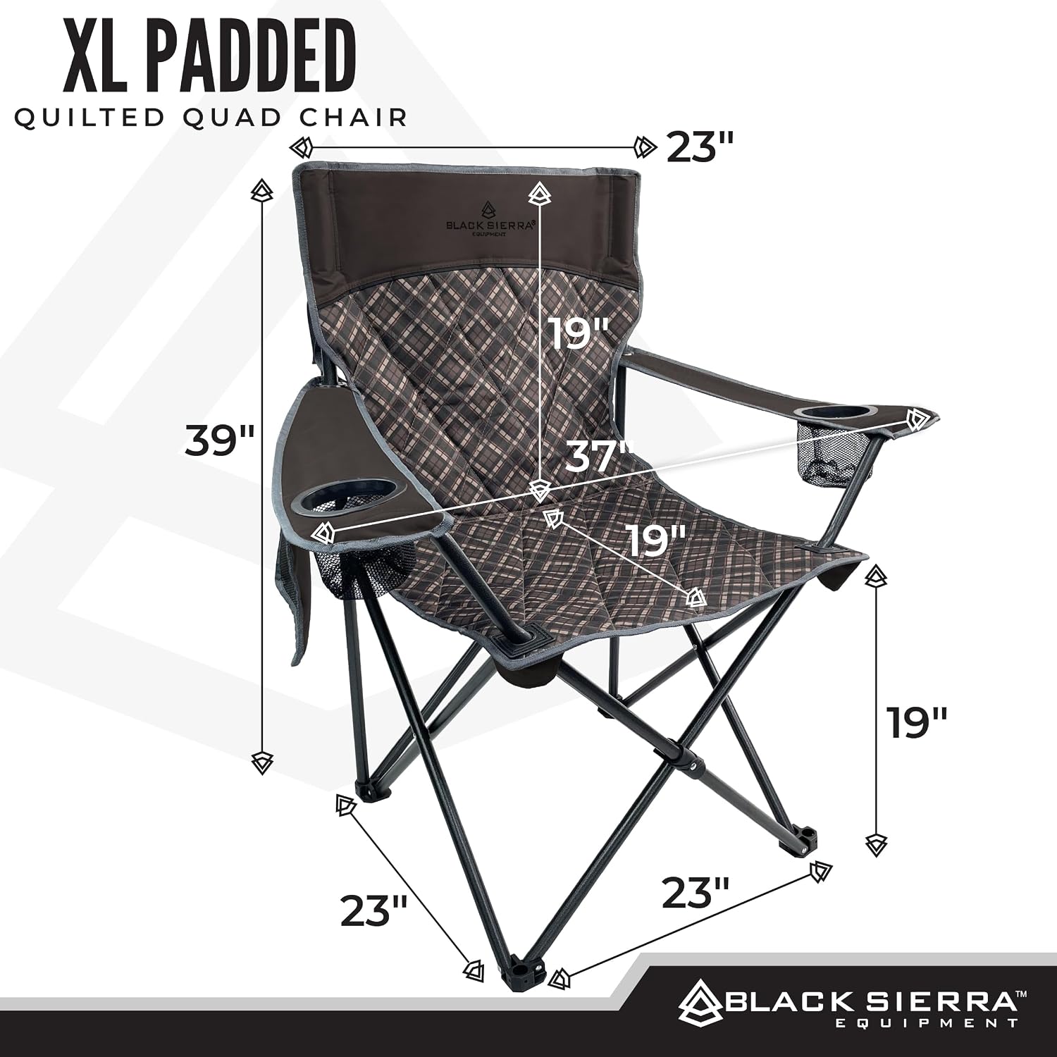 Black Sierra Quilted Padded Camping Chair, Oversized Heavy Duty Outdoor Lounge Seat Supports 300 lbs, Portable, Folding with Cup Holder for Beach, Tailgating, Sports, Patio