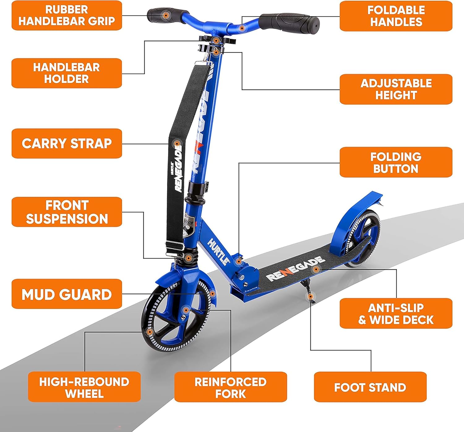 Hurtle Renegade Kick Scooter for Kids, Teenagers & Adults - 2-Wheel Folding Scooter with Adjustable T-Bar Handlebar - Alloy Anti-Slip Deck