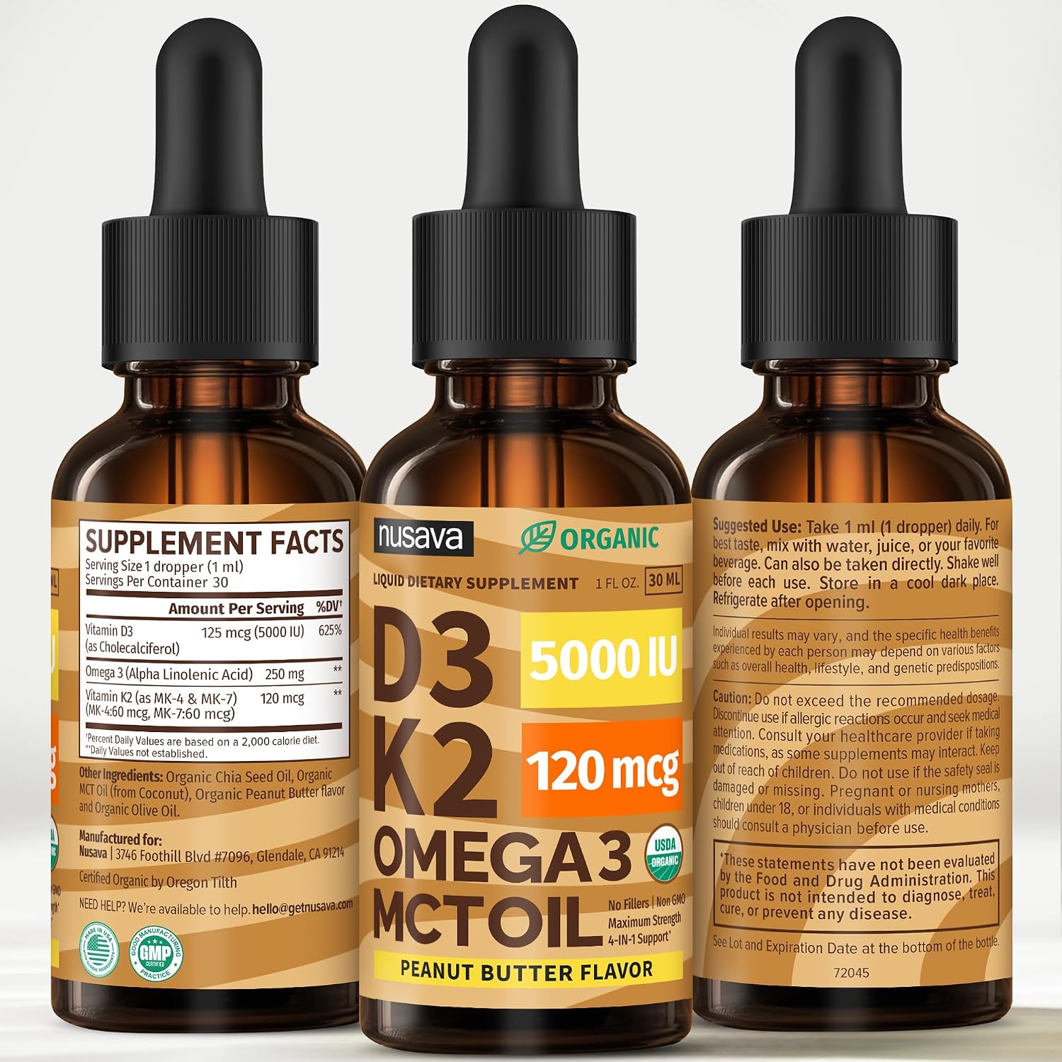 Nusava Organic Vitamin D3 K2 Drops with MCT Oil, Unflavored, Pack of 2