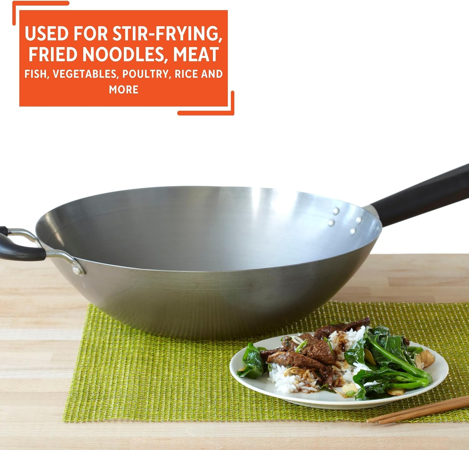 IMUSA 9.5 Inch Carbon Steel Nonstick Wok with Cool-touch Handle, Black | Cool-Touch Handle, Ideal for Stir Fry, Great for Everyday Meals