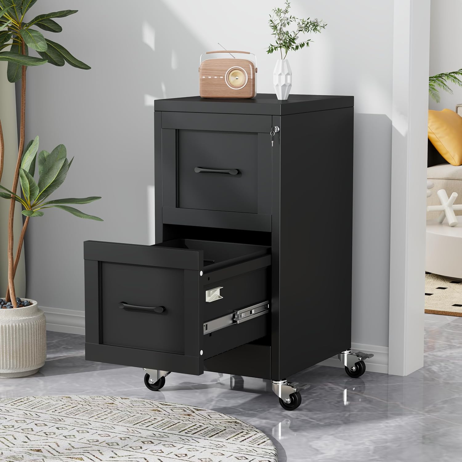 3 Drawer File Cabinet, Office Mobile Filing Cabinet, Printer Stand | All-in-One Office Storage, 3 Storage Drawers, 2 Adjustable Shelves, Lockable Cabinet, 4 Casters, 46.5-Inch Top