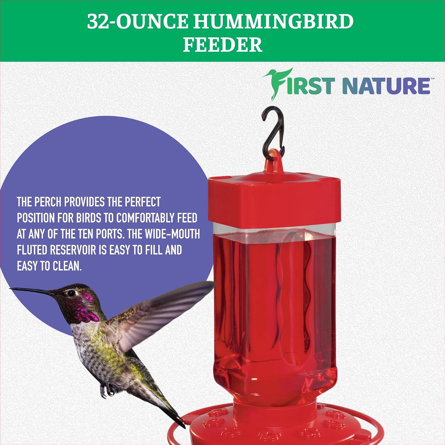 First Nature Hummingbird Feeder - 10 Feeding Ports - Red Base | Wide Mouth Prevents Messy Spills - Sealing Ring Prevents Bottom Leaks - Multi-Port Base Accommodates Flocks