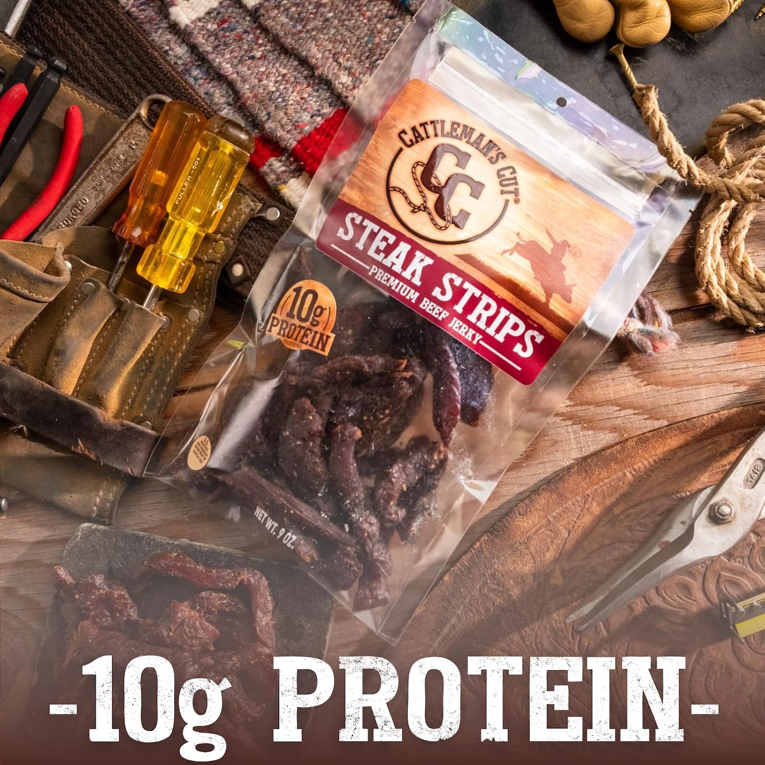 Cattleman's Cut Original Beef Jerky, Premium Marinated Steak High Protein Meat Snacks, Keto Friendly, Gluten Free, Carnivore Travel Snack, Resealable Bag, 10 Ounces