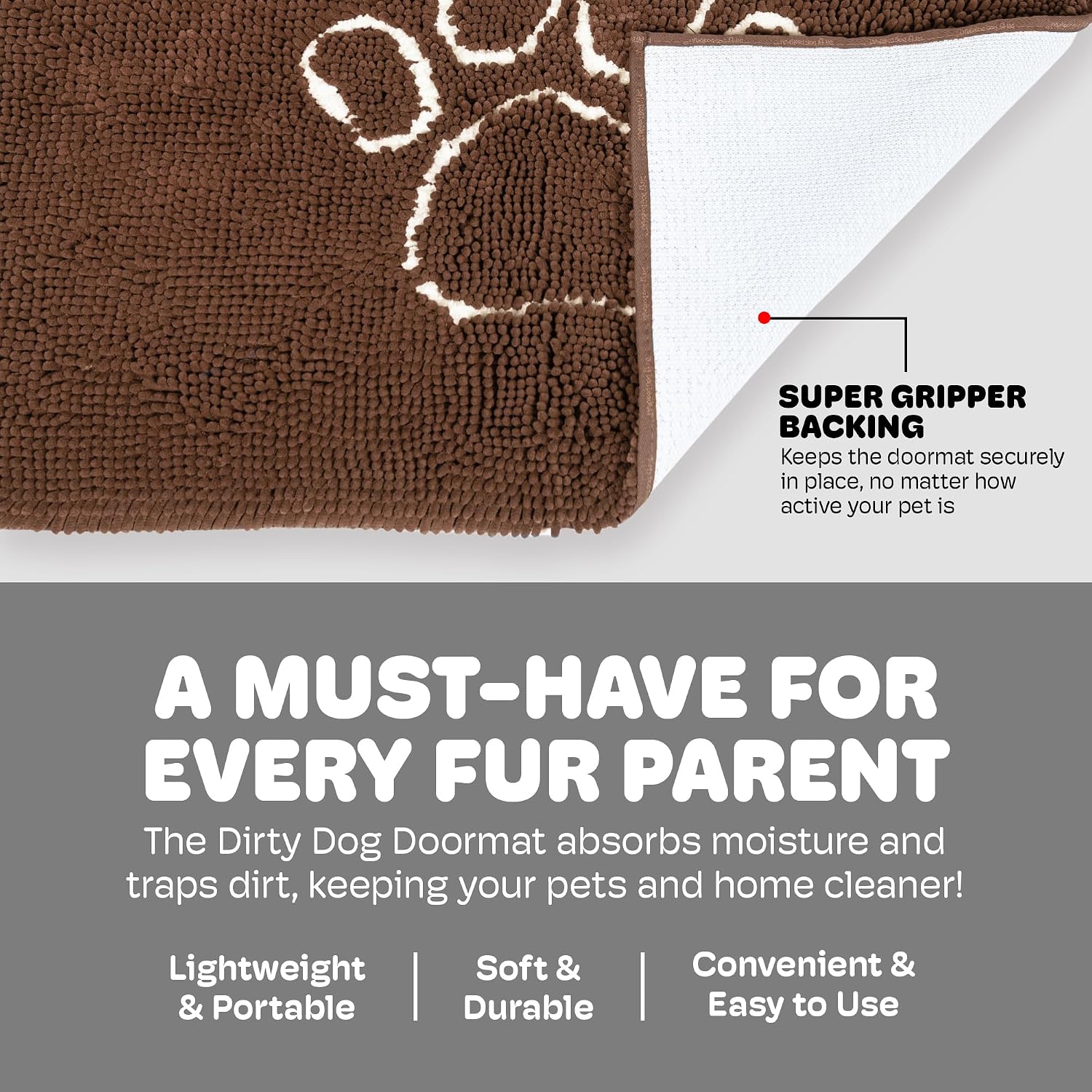 Dog Gone Smart Dirty Dog Doormat - Fast Drying Rug with Super Gripper Backing for Clean Floors - Super Absorbent and Machine Washable Mat for Muddy Paws - Grey