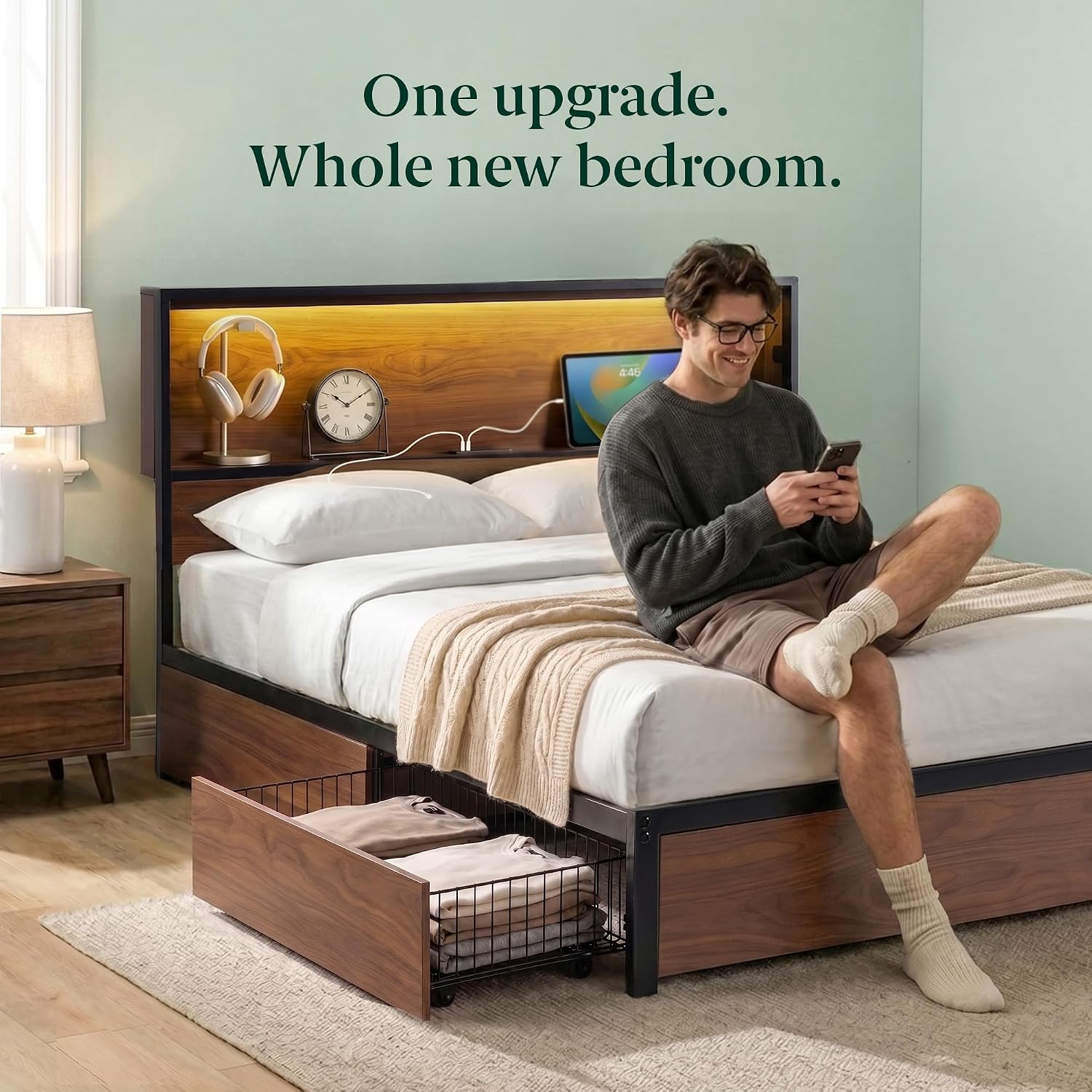 Zinus Kai Platform Bed Frame, RGB LED Lights, No Box Spring Needed, Full | Two-Tier Headboard for Space-Saving Storage, Built-in USB Charging Station, Soft Ambient Night Light