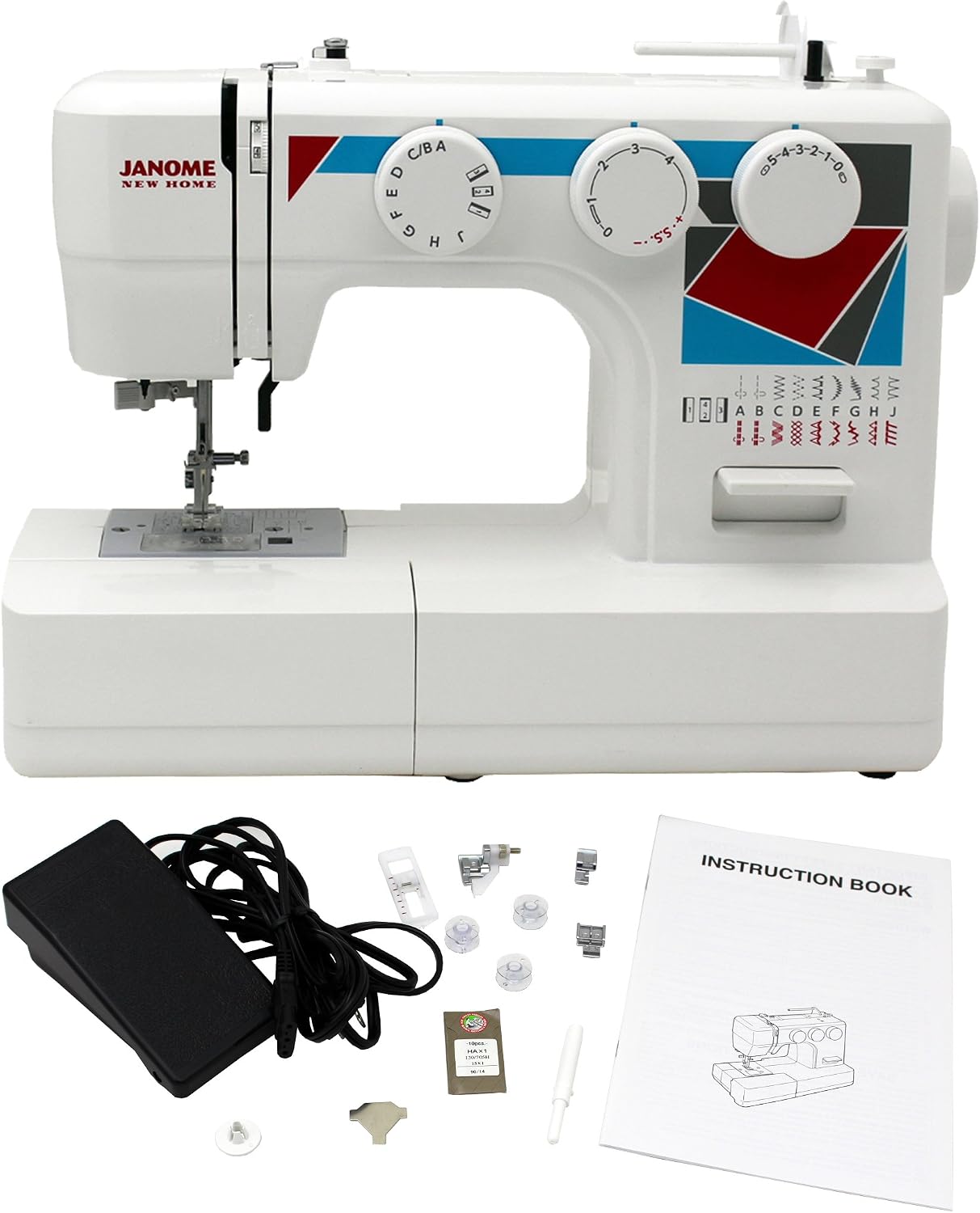 Janome MOD-19 Easy-to-Use Sewing Machine with 19 Stitches, Automatic Needle Threader and 5-Piece Feed Dogs,white