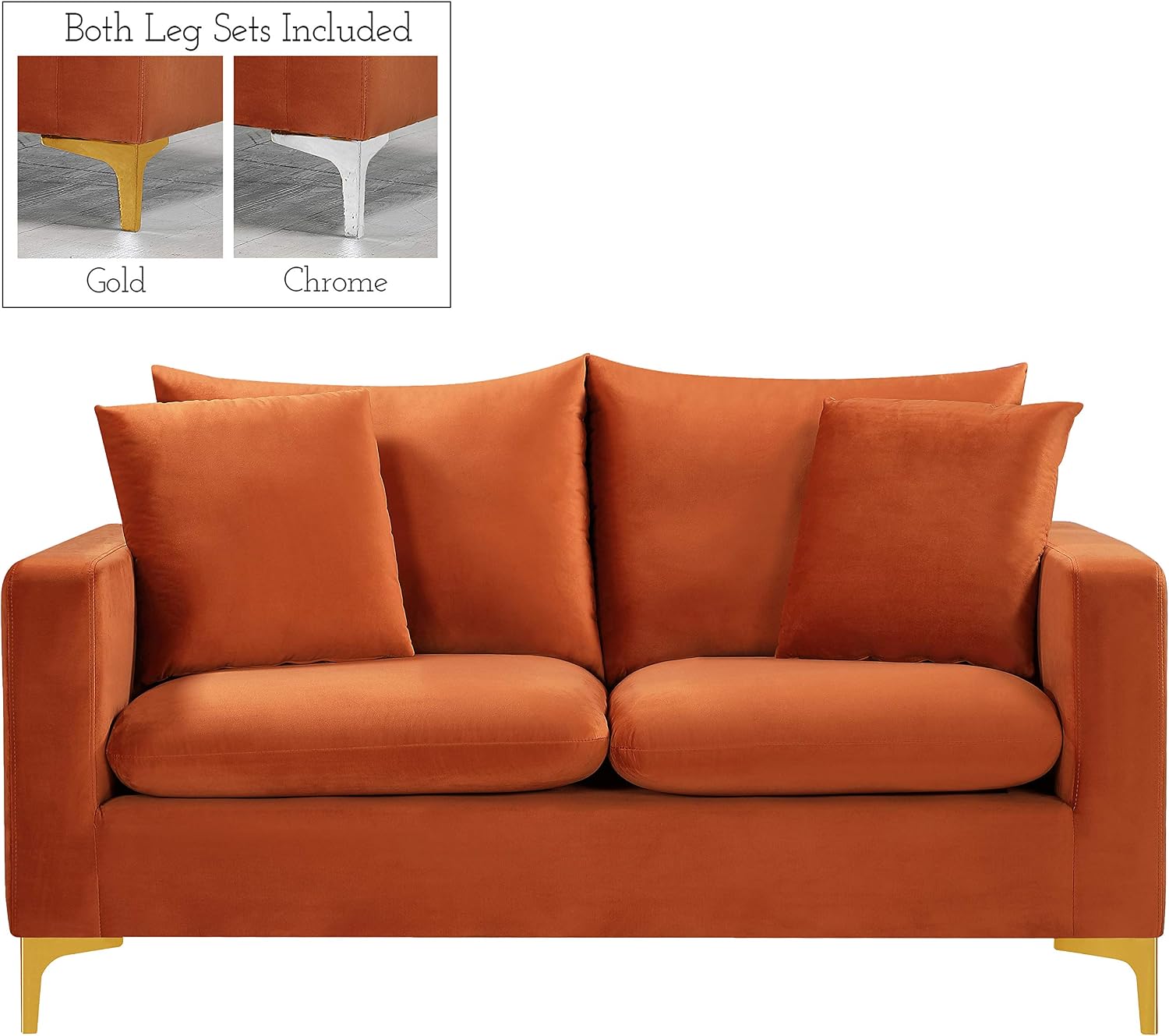 Meridian Furniture Naomi Collection Modern | Contemporary Grey Velvet Upholstered Loveseat with Stainless Steel Base in a Rich Gold or Chrome Finish, 633Grey-L