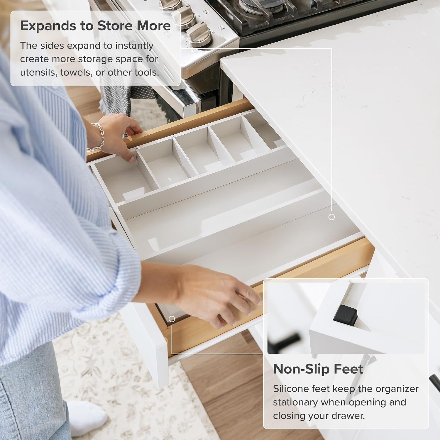 Utensil & Junk Drawer Organizer, 16-28 in, Bamboo | Food-safe contract grade, 100% sustainable wood, non-slip, adjustable