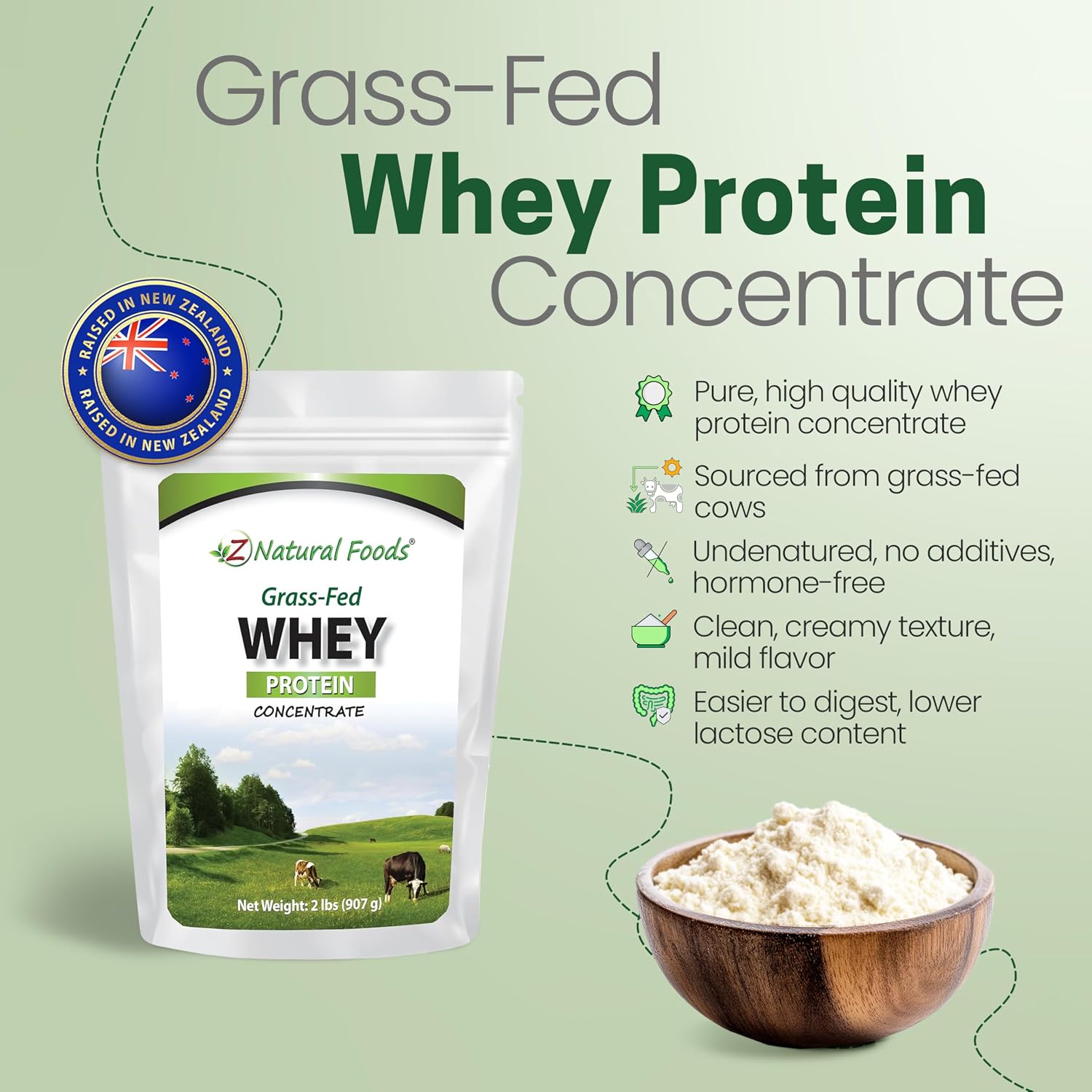 Z Natural Foods Grass-Fed Whey Protein Concentrate - Cold Processed, 1 lb