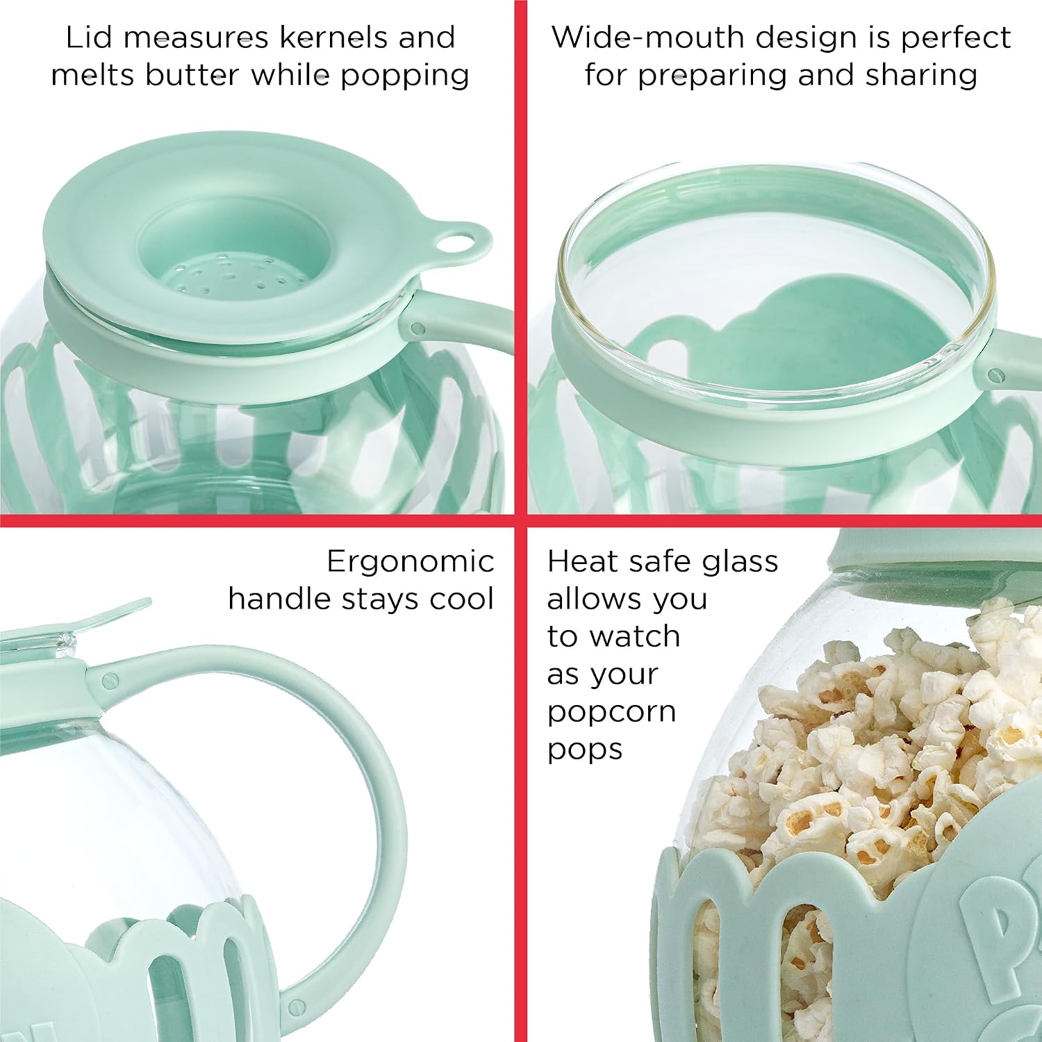 Ecolution Patented Micro-Pop Microwave Popcorn Popper with Temperature Safe Glass, 3-in-1 Lid Measures Kernels and Melts Butter, Made Without BPA, Dishwasher Safe, 3-Quart, Red