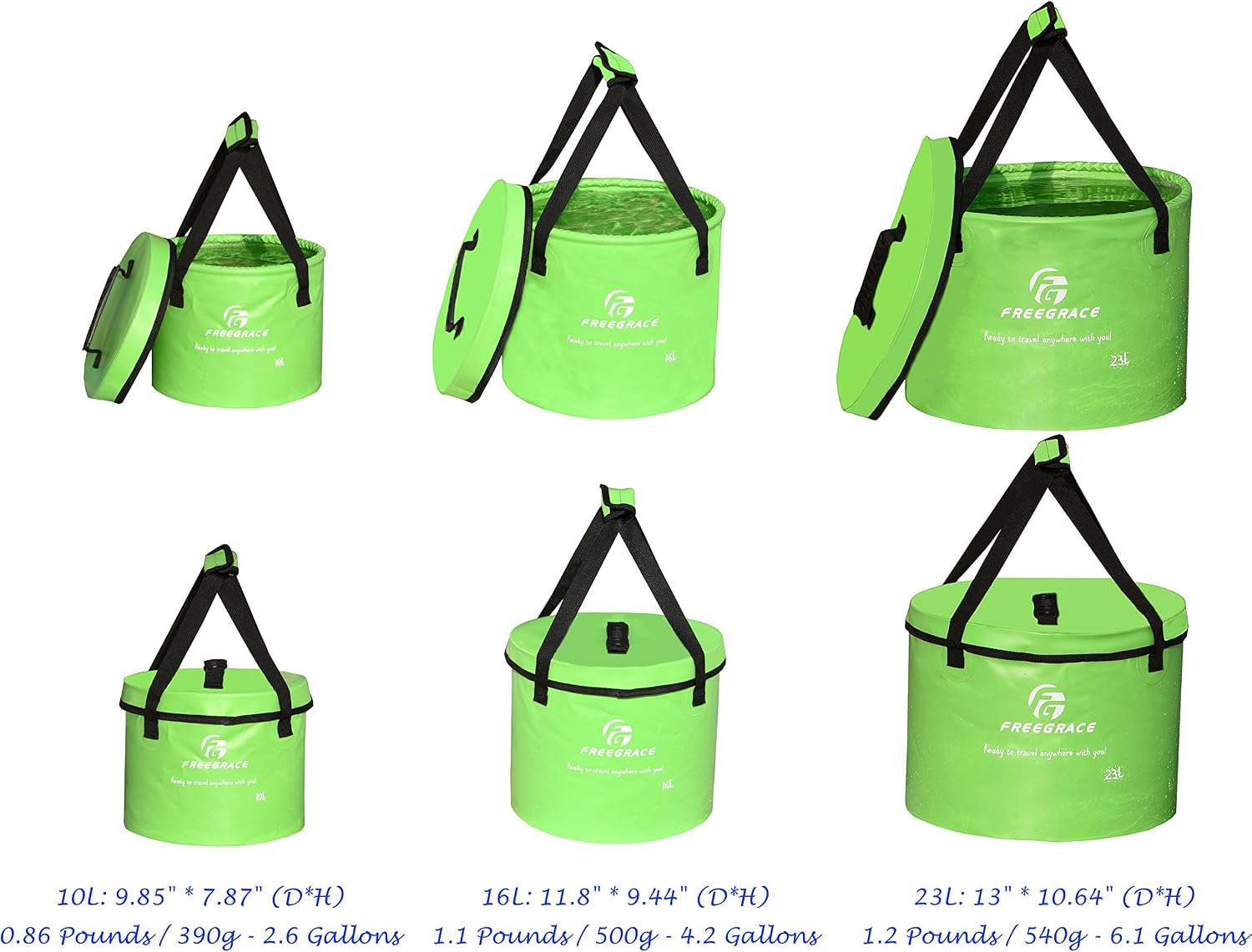 Freegrace Collapsible Bucket with Mesh Tool Pocket - 10L, 16L & 23L Portable Folding Water Container - Heavy Duty 500D Tarpaulin, BPA-Free Wash Basin for Camping, Fishing, RV, and Car Washing