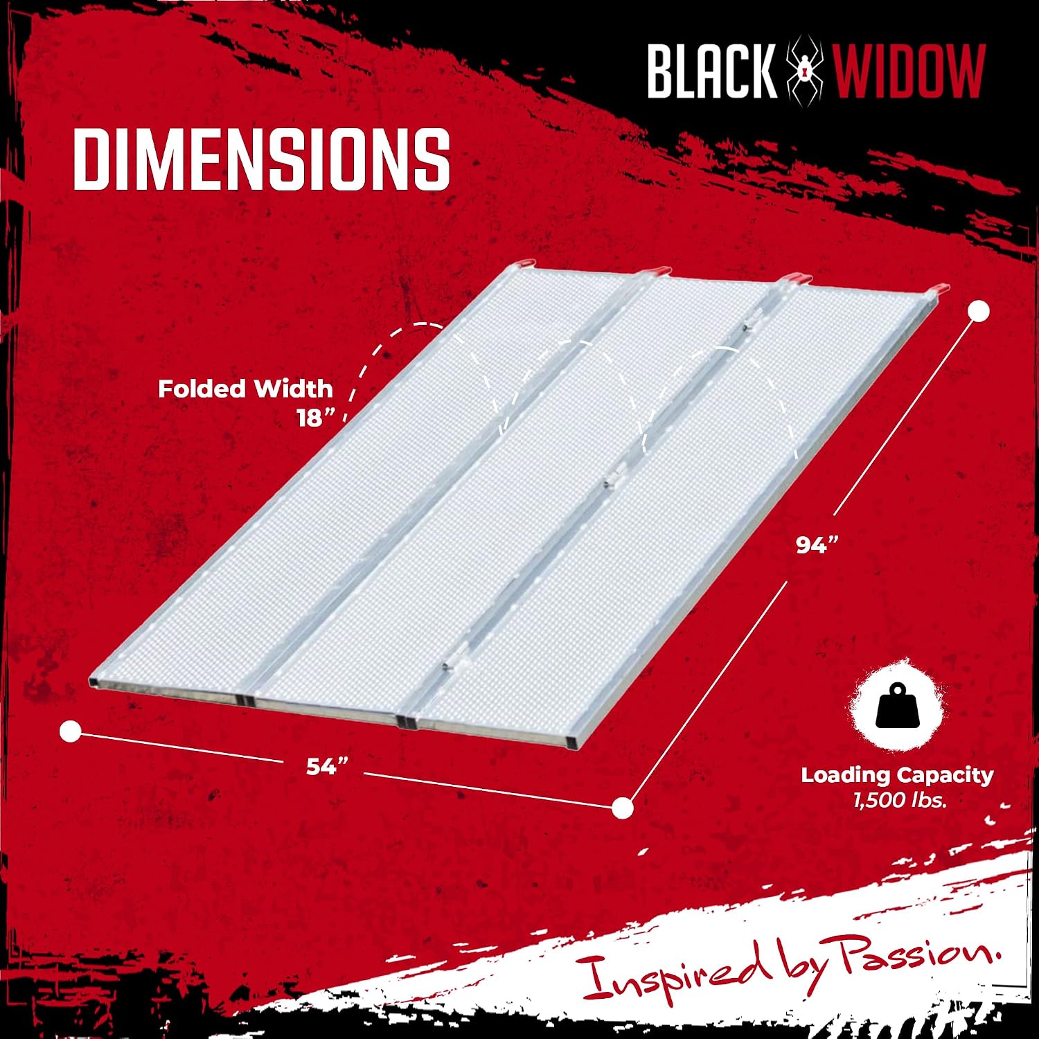 Black Widow 6ft 5in Aluminum Folding ATV Loading Ramp, 1500 lb Capacity | Load four-wheelers into trailer, folds into thirds for storage, safety straps included