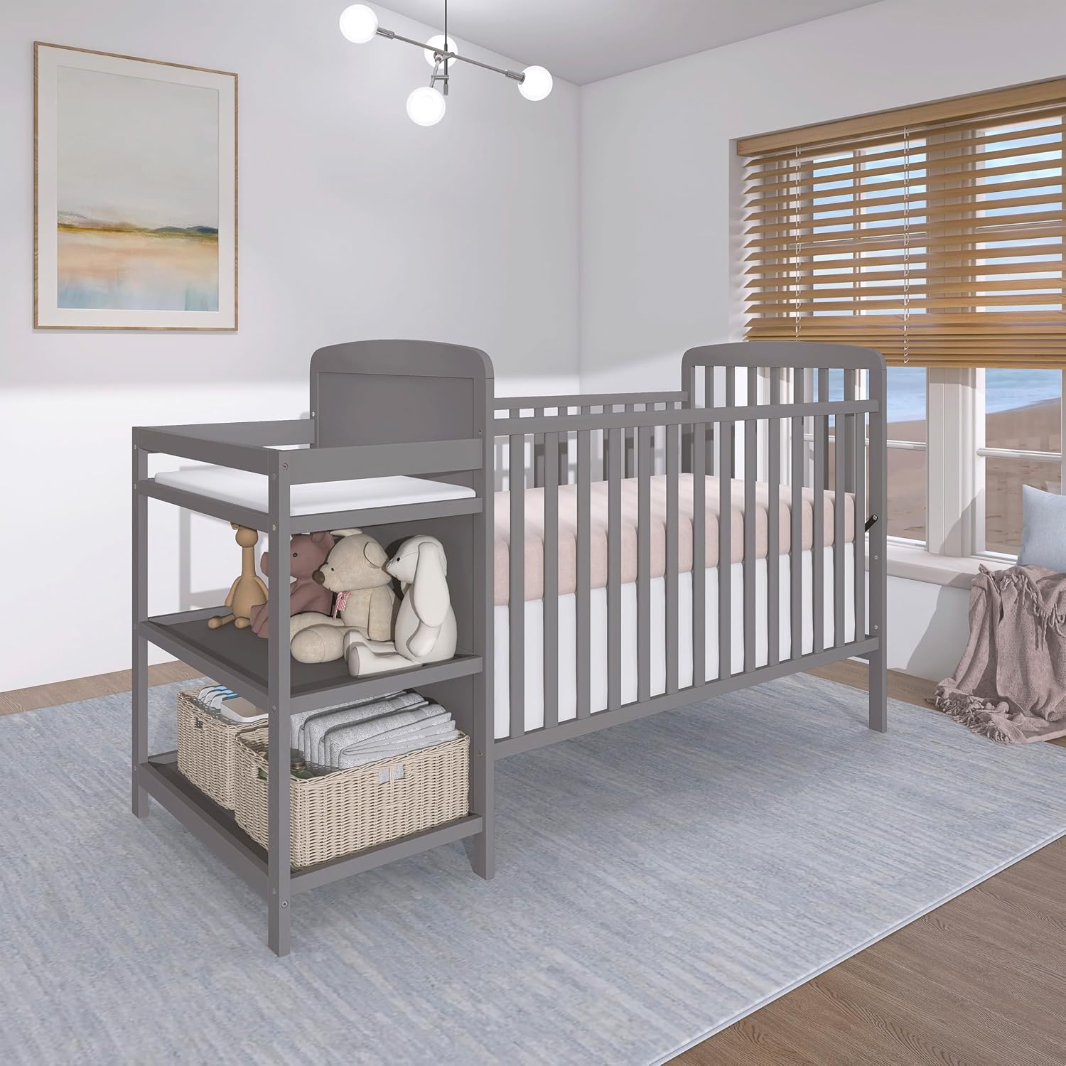 Dream On Me Anna 3-in-1 Convertible Full-Size Baby Crib & Changer with Storage in Steel Grey, GreenGuard Gold & BSA, Pinewood