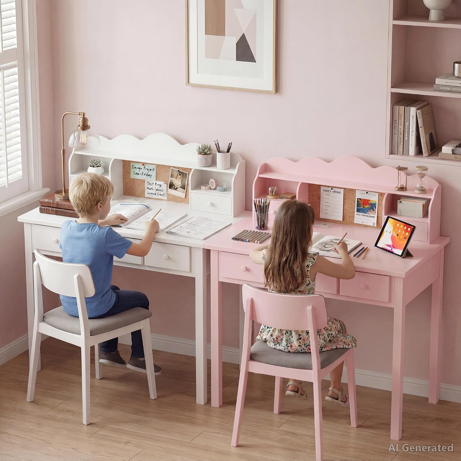 FUNKOCO Writing Desk with Hutch, 40" Small White Desk for Girls, 5 Drawers