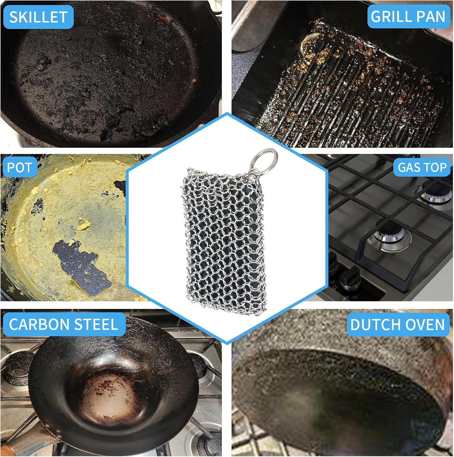 Herda 316L Cast Iron Scrubber Cleaner, Large Cast Iron Chain Mail Scrubber