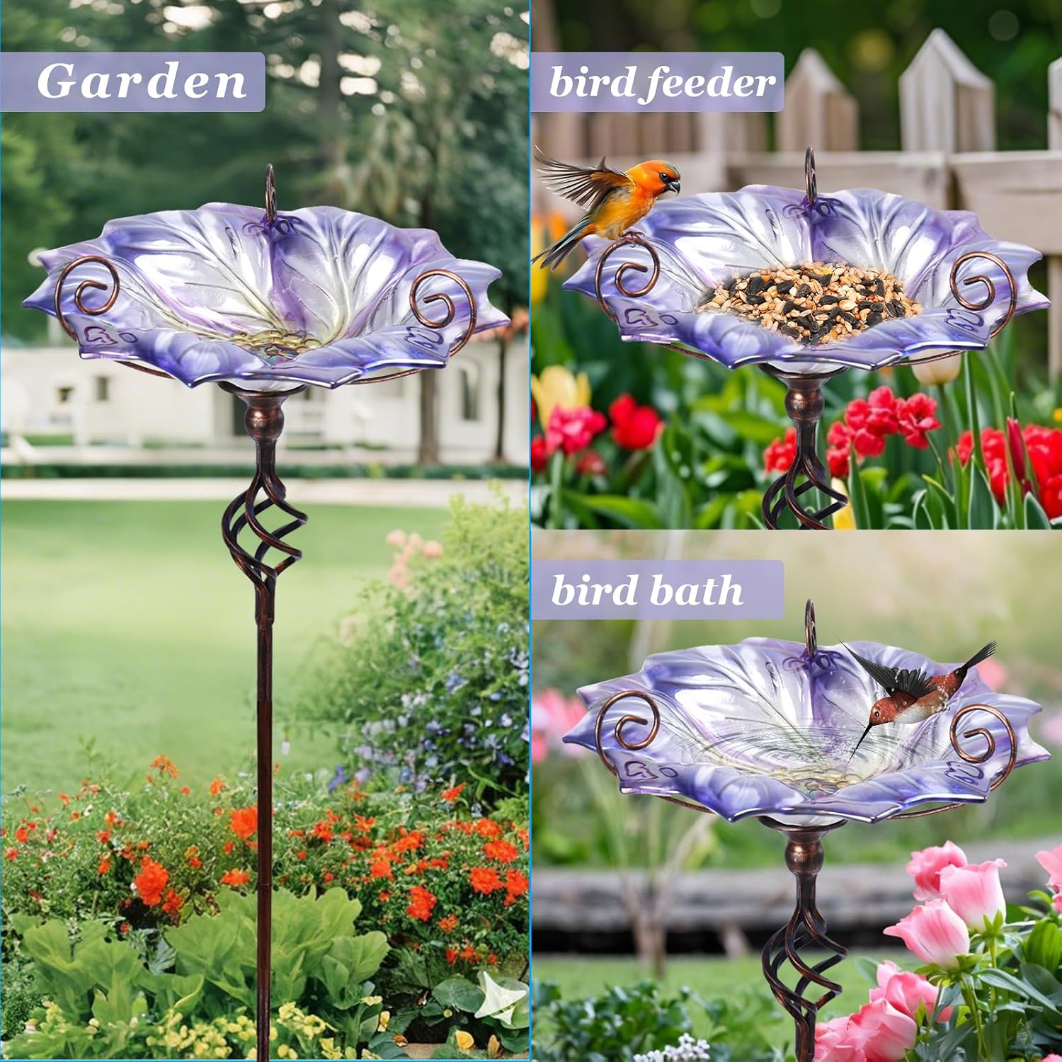 VCUTEKA Glass Bird Bath Outdoor Birdfeeder with Metal Stake Garden Decor