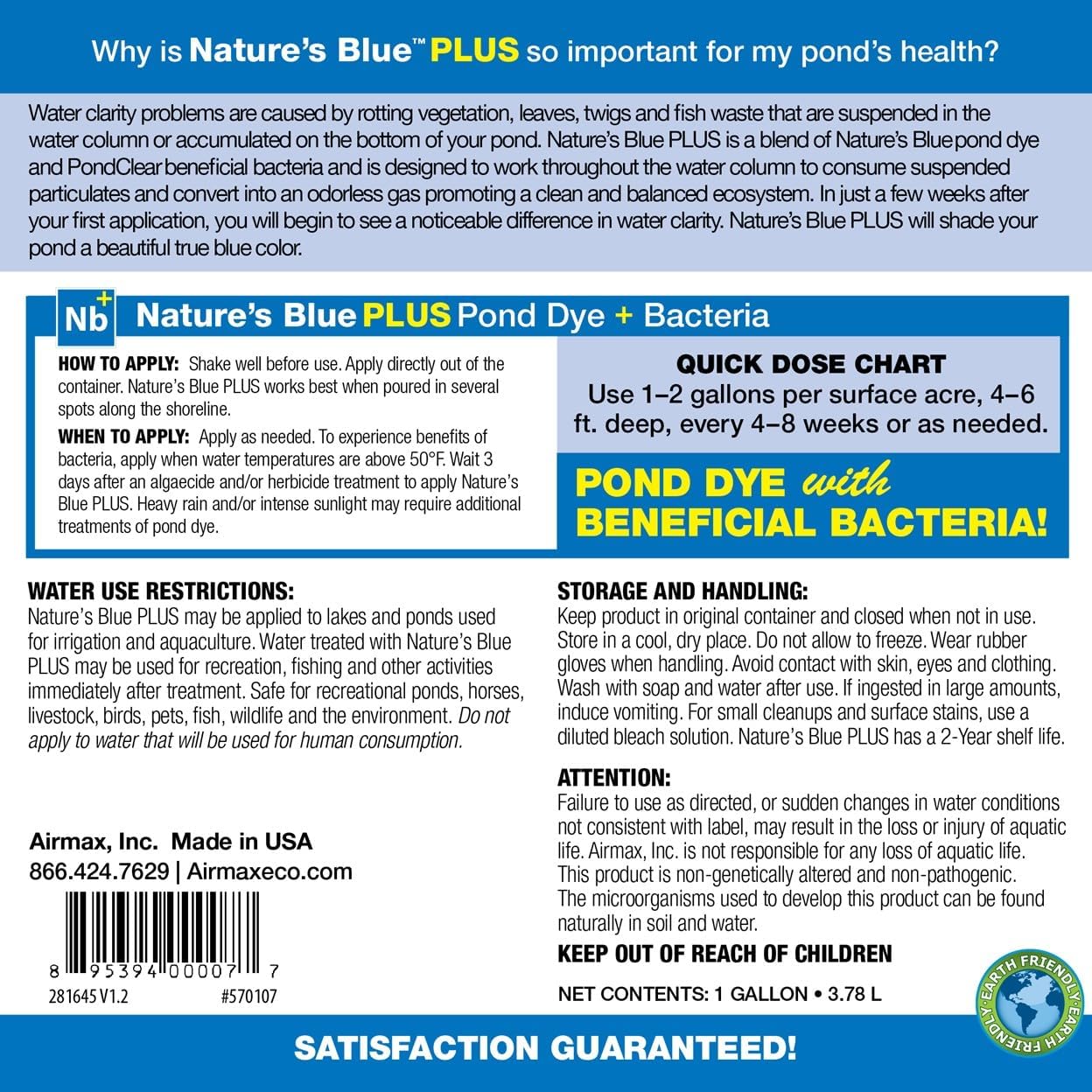 Airmax Pond Dye Plus, Nature's Blue Pond & Lake Water Colorant, 1 Gallon | Natural beneficial bacteria clarifier shades plants and algae from sunlight; fish and livestock safe