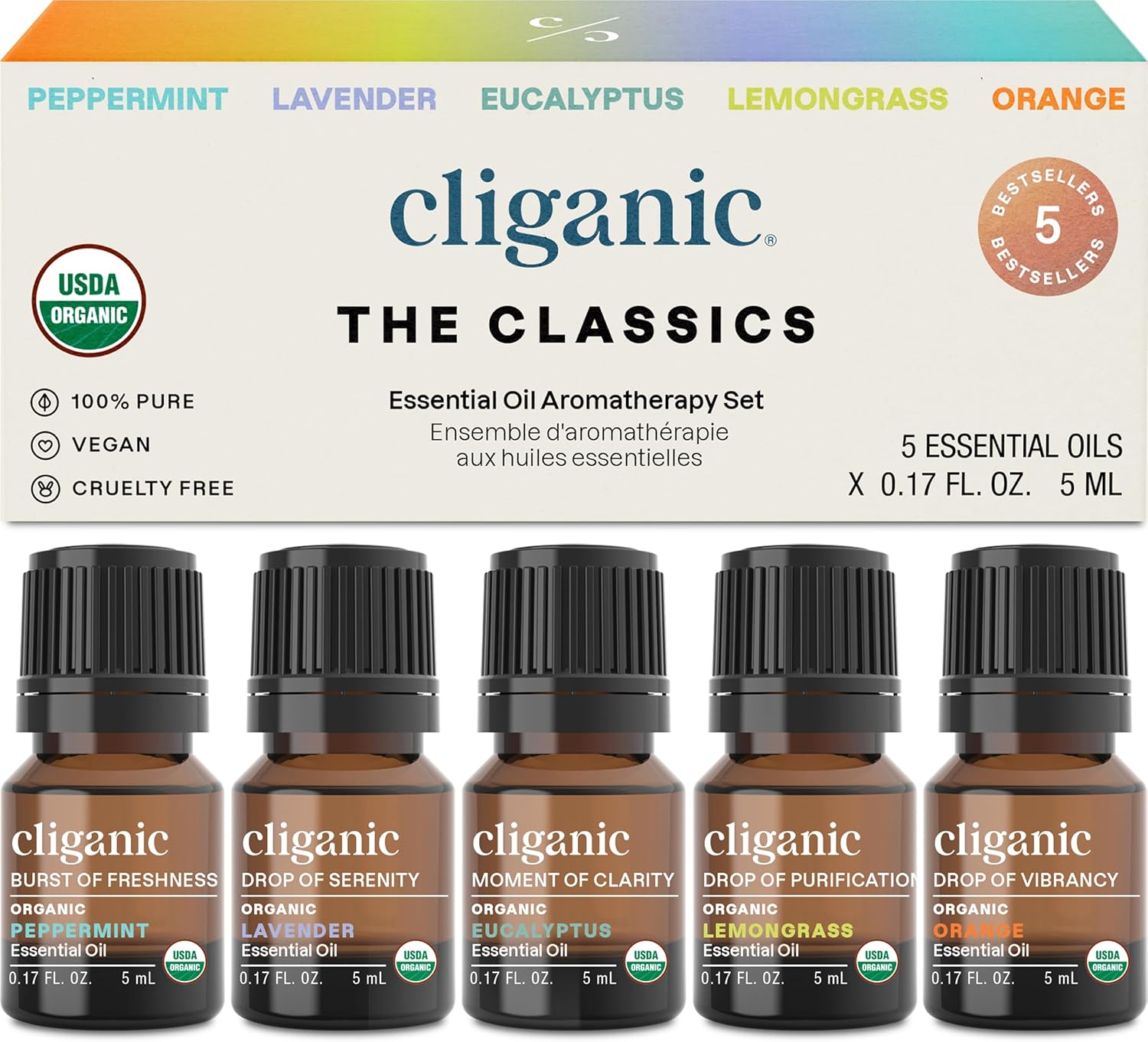 Cliganic Organic Essential Oils Set (Top 5 - The Classics) - 100% Pure Natural - Aromatherapy, Candle Making - Peppermint, Lavender, Eucalyptus