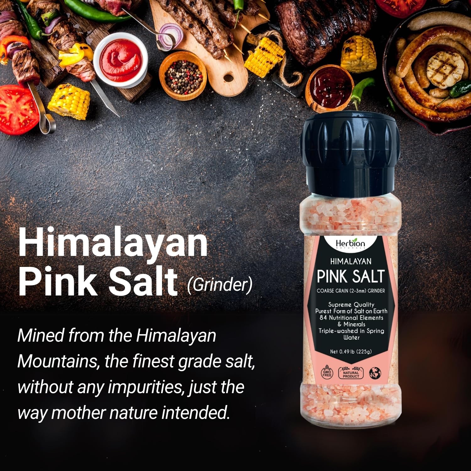HERBION Naturals Himalayan Pink Salt Jar Fine Grain, GMO Free, Supreme Quality Chemical Free, Vegan, Kosher Certified, Fine Grain All Natural Salt