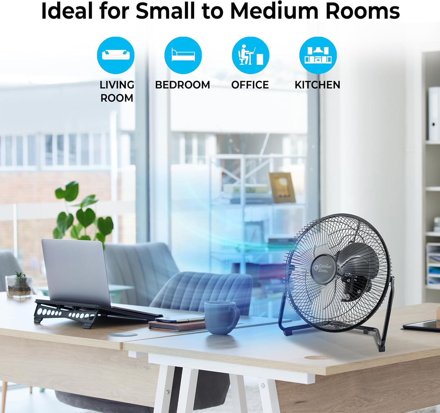 Comfort Zone 9 inch Cradle Fan, 3 Speed Floor or Table Fan with180 Degree Tilt, Metal Construction and Aluminum Blades, Carry Handle, Rubber Feet, Ideal for Bedroom, Workshop, or Garage, Black
