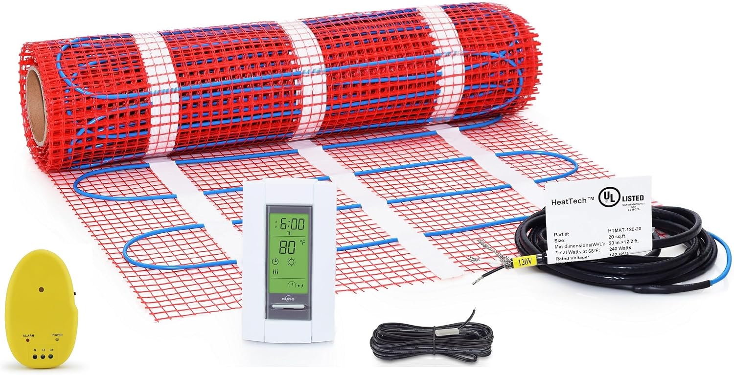 35 sqft Floor Heating Mat Kit, 120V Electric Radiant Floor Heat Heating Mat System with Adhesive Backing, Aube TH115-AF-120S Programmable Floor Sensing Thermostat w/Floor Sensor. Tile, Stone, Marble