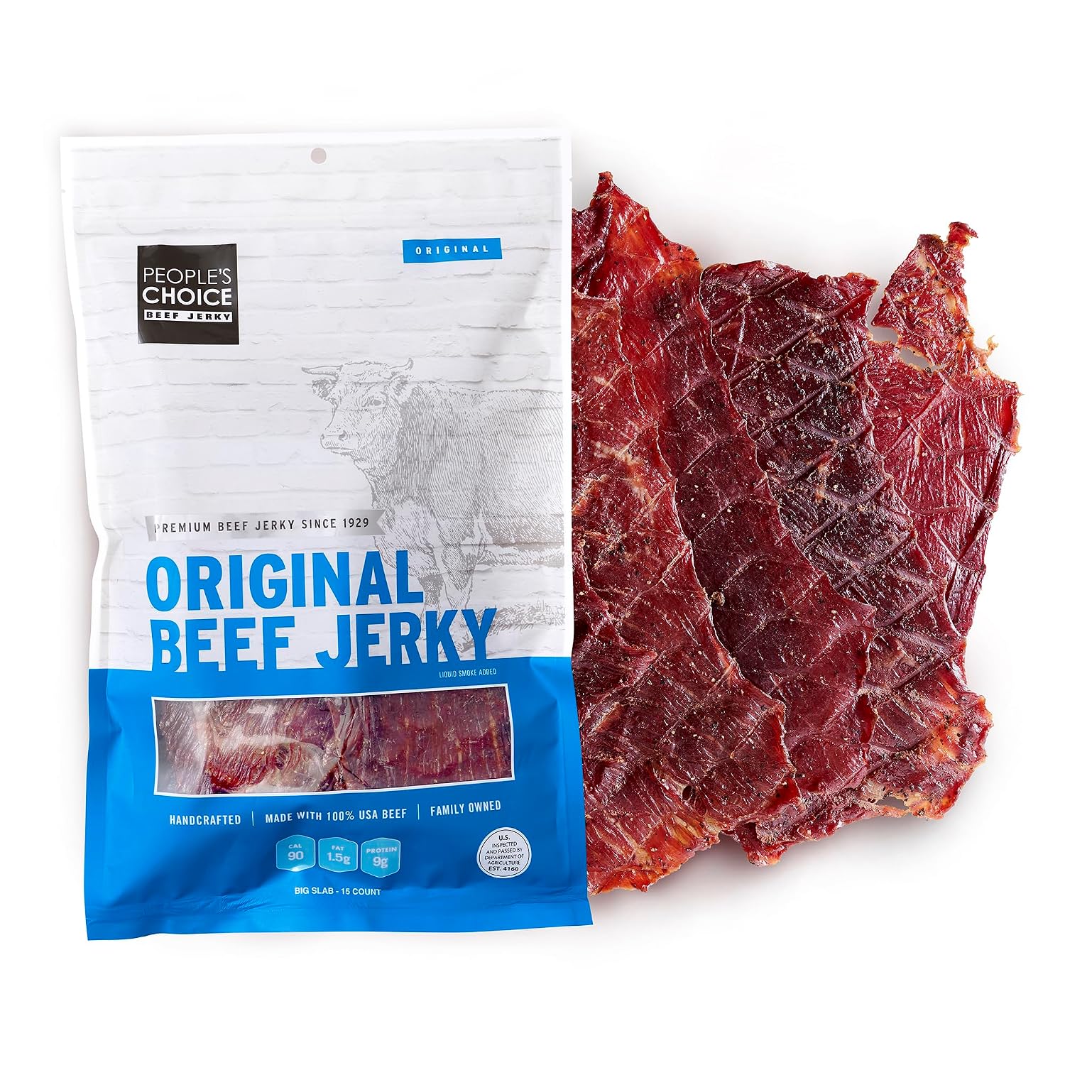 People's Choice Big Slab Beef Jerky - Whole Muscle - Hot & Spicy, 19.2 oz | Thin Sliced Slabs, 9 g Protein Per Serving, Low Sodium Recipe, 15 Count Pieces, Preservative Free, 365 Day Shelf Life