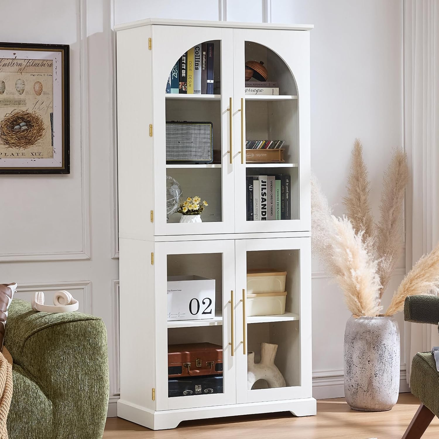 Joaxswe 72" Tall Bookshelf with 4 Curved Glass Doors, Farmhouse Bookcase with 3-Tier Adjustable Shelves, Modern Living Room Display Cabinet, Large Storage Cabinet for Home Office,Dining Room, Natural