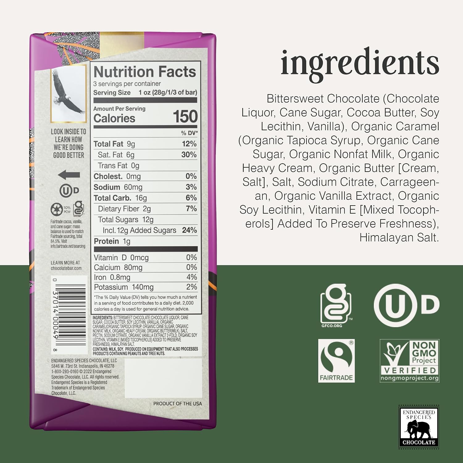 Dark Chocolate with Caramel & Sea Salt (60% cocoa) | Rich 60% dark chocolate with caramel and sea salt for a perfect balance of sweet, salty, and bold cocoa.