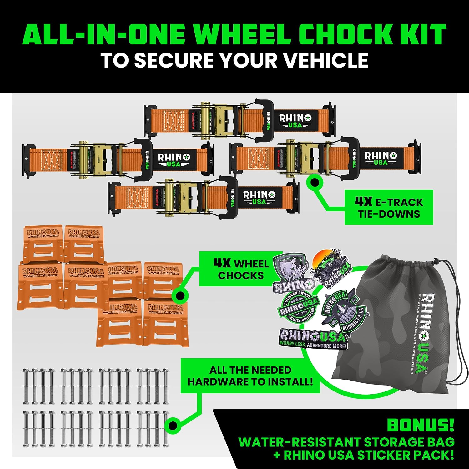 Rhino USA Wheel Chock Tie Down Kit (4,500lb) - 2 Straps & 4 Chocks