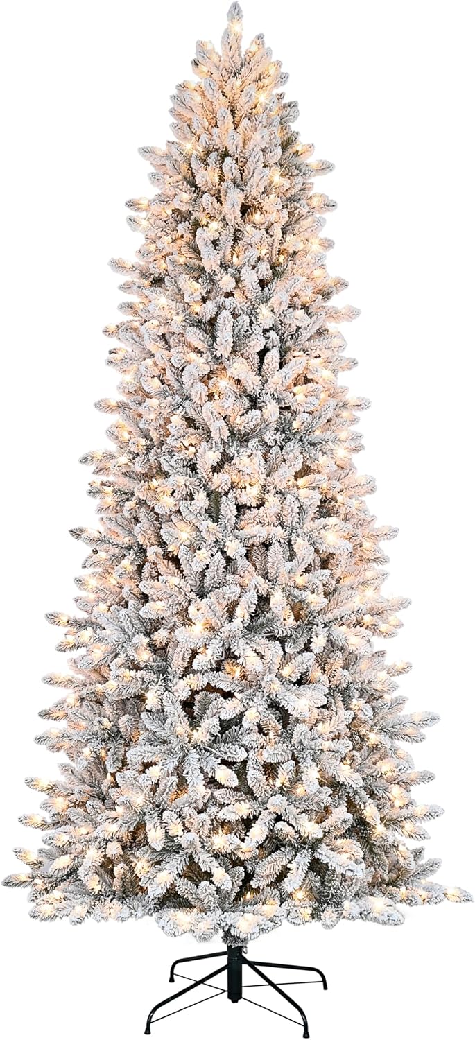 Puleo International 7.5 Foot Pre-Lit Slim Flocked Fraser Fir Artificial Christmas Tree with 500 UL Listed Clear Lights