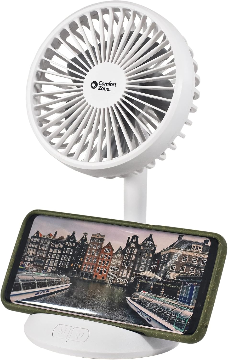 Comfort Zone Rechargeable Fan with Wireless Charger, 4 inch, USB Chargeable Lithium Battery, Adjustable Tilt, Powerful & Portable, Cooling & Charging