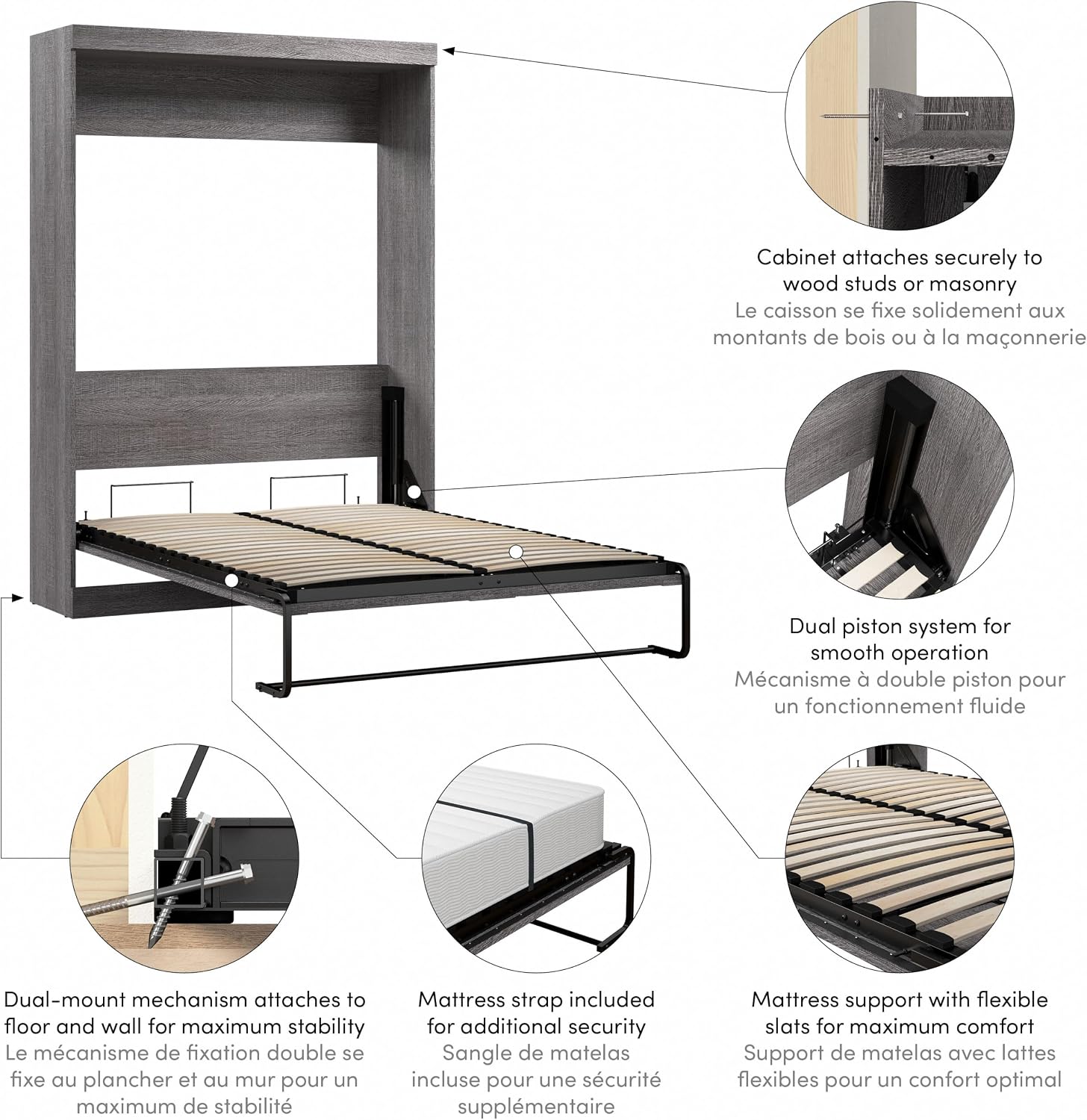 Bestar Pur Queen Murphy Bed, 65-inch Space-Saving Sleeping Arrangement for Multipurpose Area, Bedroom, Guest Room, or Living Room | Dual piston mechanism; for guest room or multipurpose space; Shaker-inspired trim with metal handles
