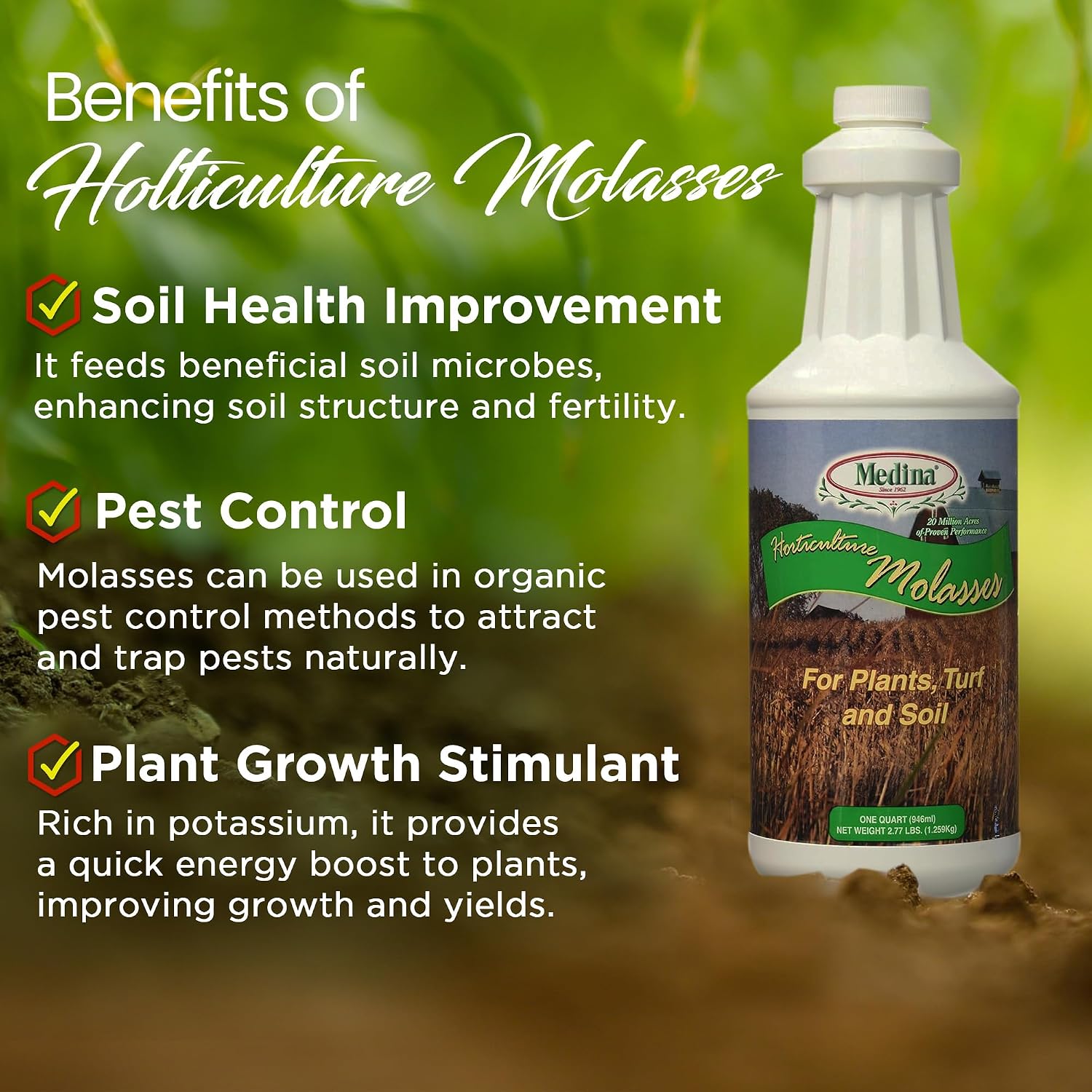 Medina Horticultural Molasses, 1 Qt - Nutrient-Rich Soil & Plant Feed | Feeds beneficial microbial life; supports organic gardening; versatile on lawns, gardens & trees