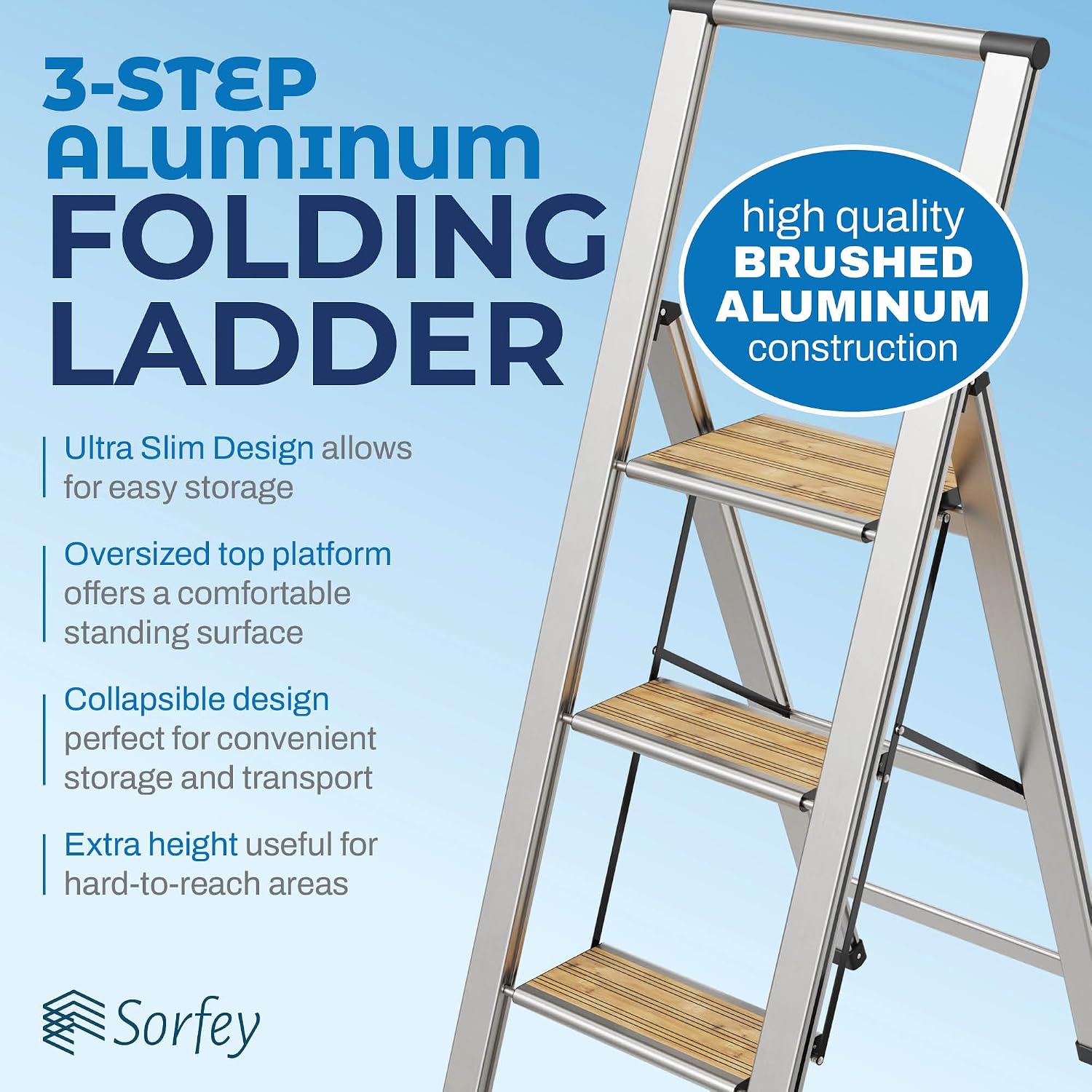 Step Ladder 2 Step Folding, Decorative - Beautiful Bamboo & Silver Aluminum, Ultra Slim Profile, Anti Slip Steps, Sturdy-Portable for Home, Office