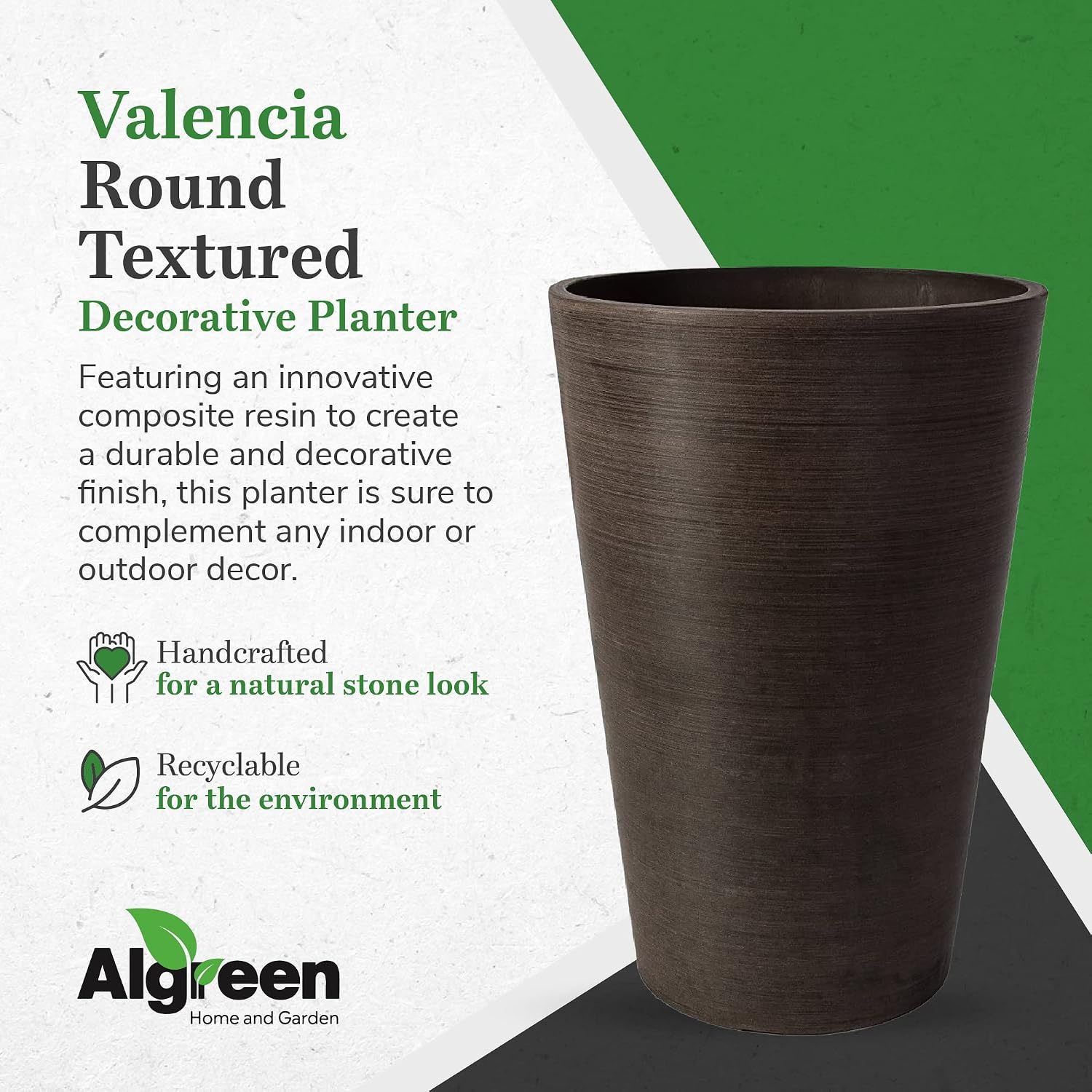 Algreen Valencia Round Planter Pot, 12.25 by 18-Inch, Textured Brown | Round Shape, Indoor Use, UV And Weather Resistant, Drainage Hole With Removable Plug, Lightweight 5.51 lb