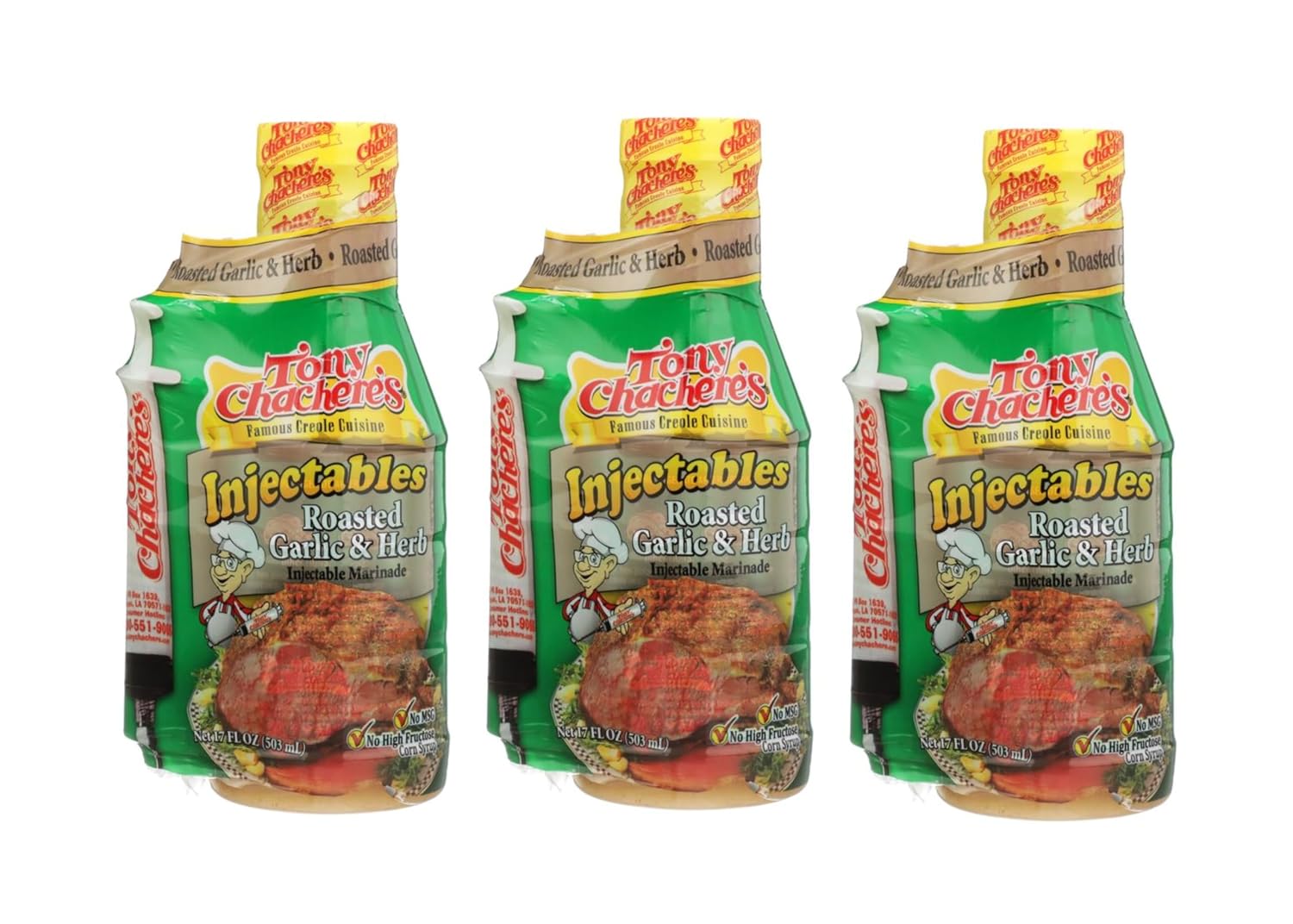 Tony Chachere Injectable Marinade 17 Fl Oz, Roasted Garlic and Herb (Pack of 3, Garlic)