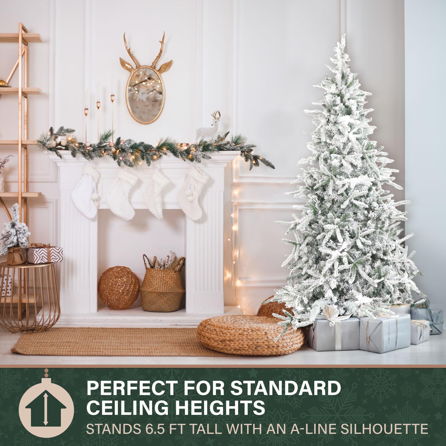 Fraser Hill Farm 7.5-Ft. Mountain Pine Flocked Artificial Christmas Tree with Stand, Unlit Foldable Fake Tree with Realistic Snowy Foliage for Home Decoration