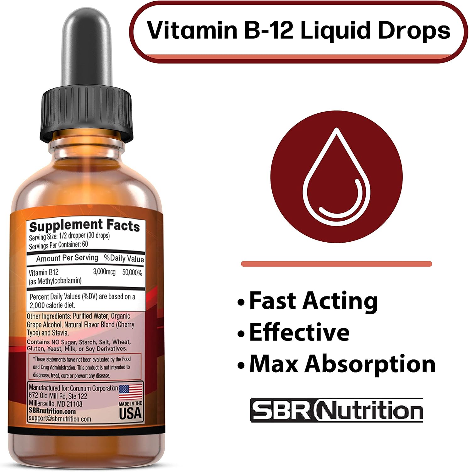 SBR Nutrition Vitamin B12 Sublingual Liquid Drops - Methylcobalamin, VIT B 12 Supports Energy, Max Absorption, 3000mcg Per Serving, 60 Servings