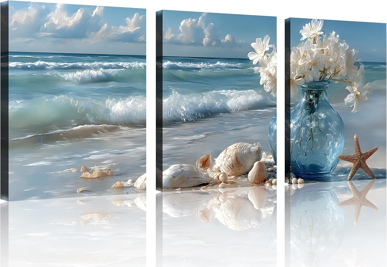 TutuBeer 3 Panel Beach Canvas Wall Art for Home Decor Blue Sea Sunset White Beach Painting the Picture Print on Canvas Seascape the Pictures for Home Decor Decoration,Ready to Hang