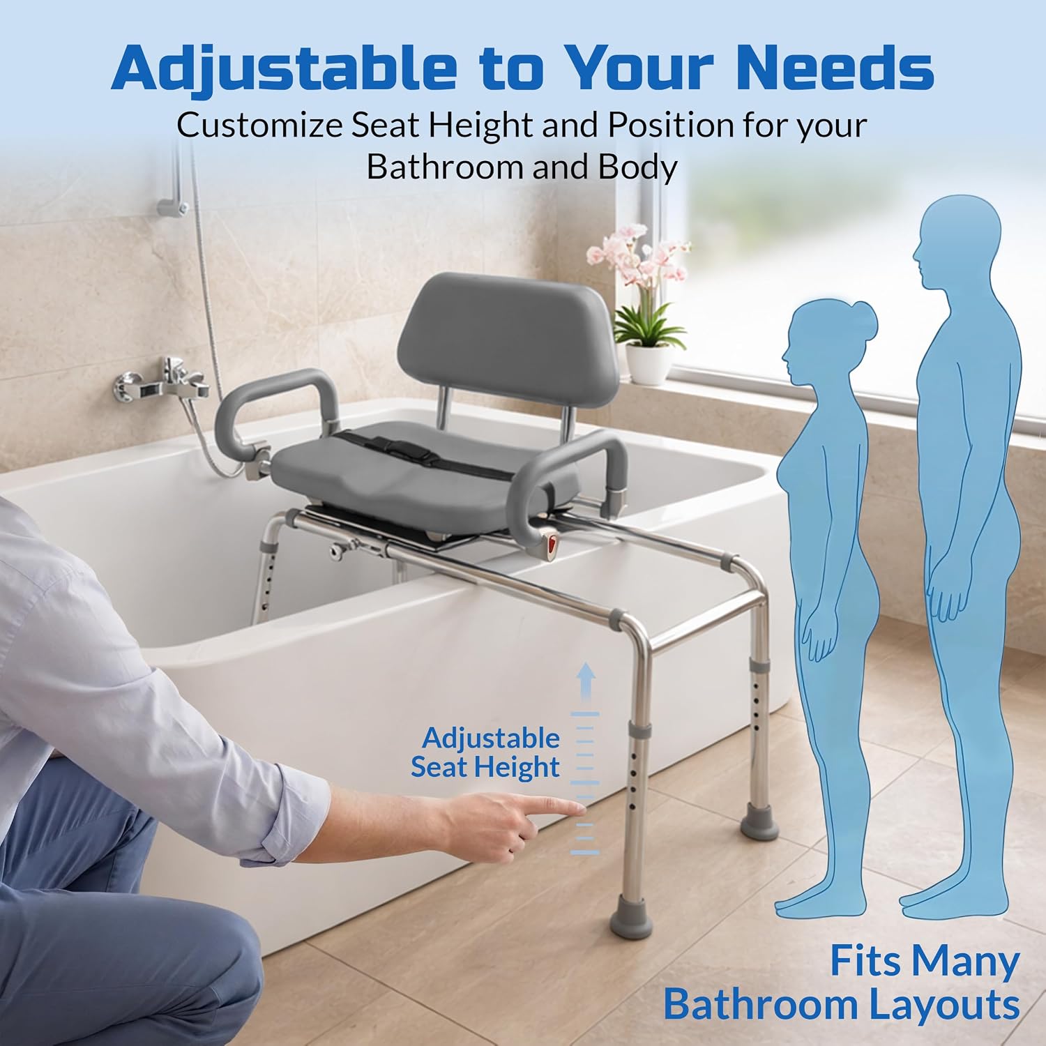 Carousel Sliding Shower Chair Tub Transfer Bench with Swivel Seat Elderly | Slide Safely In & Out of the Tub - Blue, padded seat, padded armrests, swivel seat, backrest, portable, tool-free assembly
