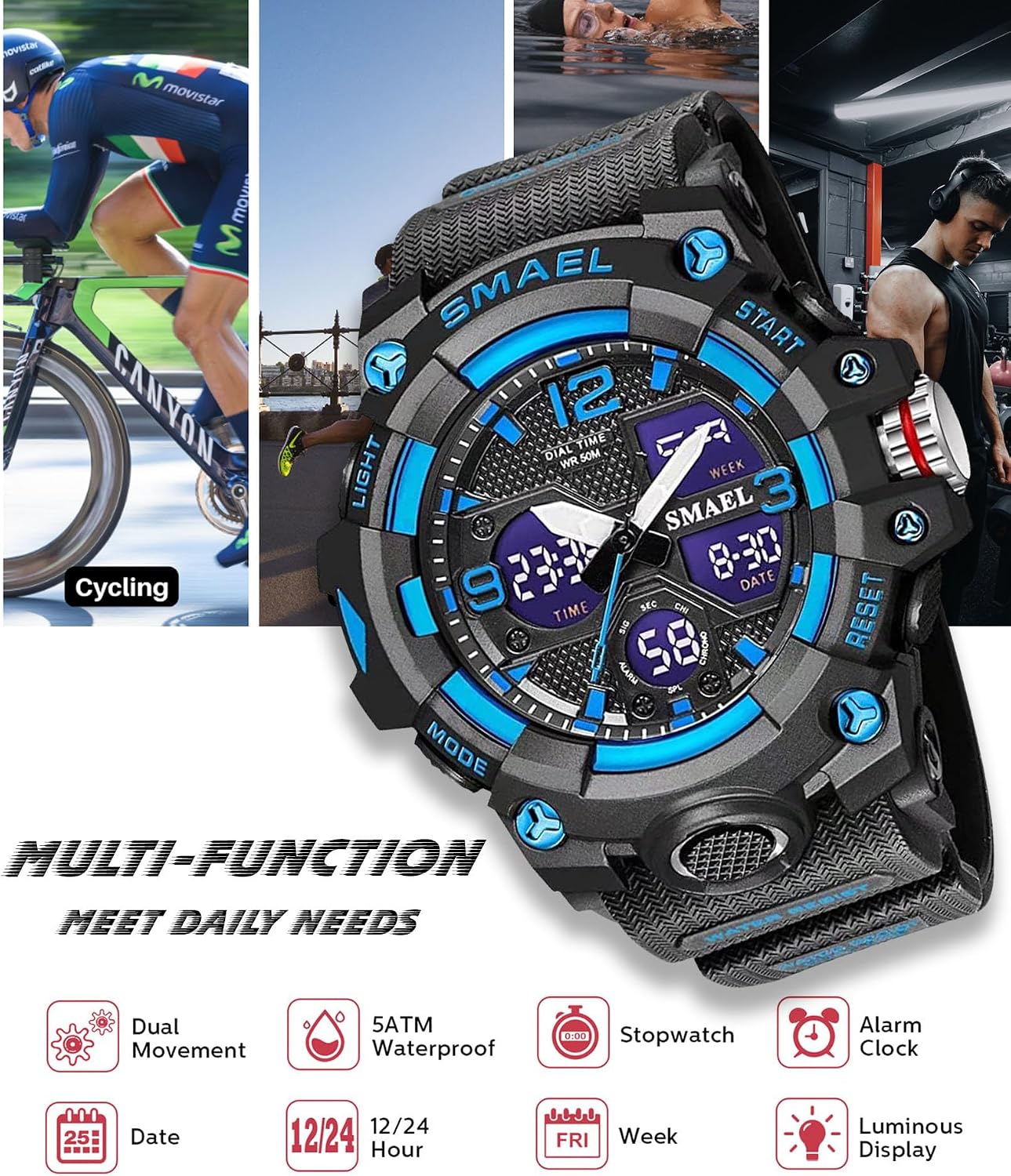 Gosasa Men's Large Face Outdoor Sports Watches Military S-Shock Watch Waterproof, Backlight, Alarm, Stopwatch Features - Rugged Wristwatch for Training, Hiking, and Adventure