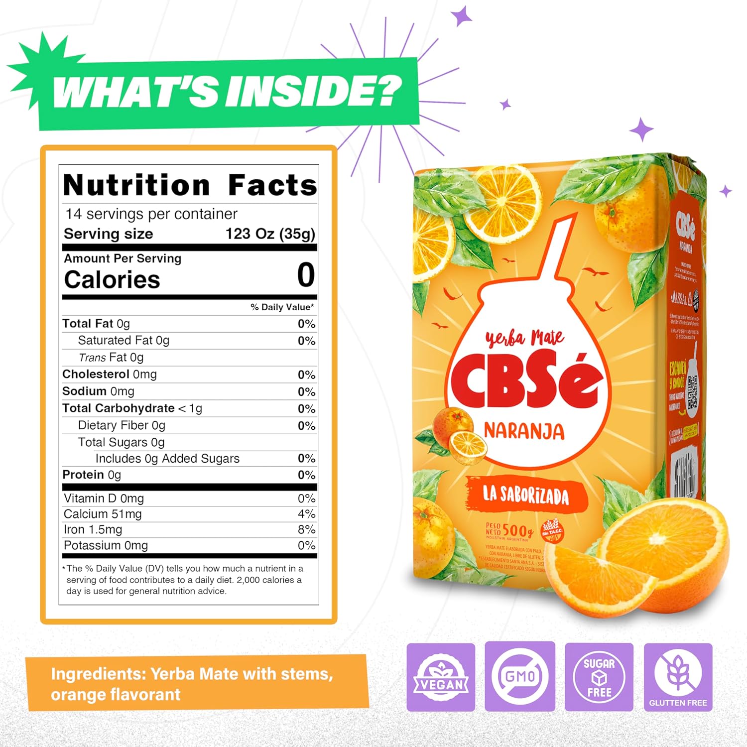 CBSé Yerba Mate Orange Flavor – Loose Leaf Yerba Mate Tea, Naturally Caffeinated, Gluten-Free - 1.1 Lbs- 500 Gr.