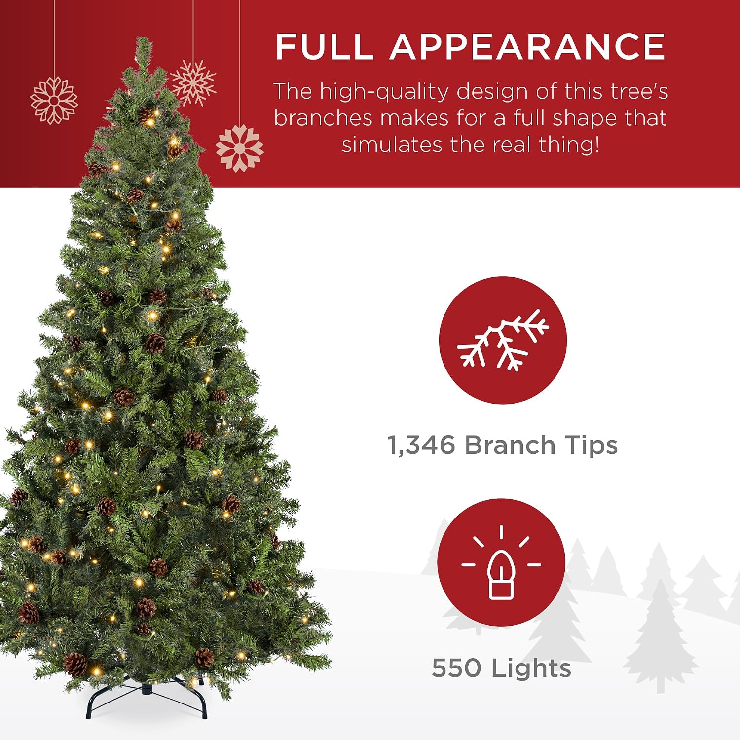 Best Choice Products 7.5ft Pre-Lit Pre-Decorated Pine Artificial Christmas Tree w/Twinkling LEDs, 1, 346 Flocked Frosted Tips, 80 Pinecones