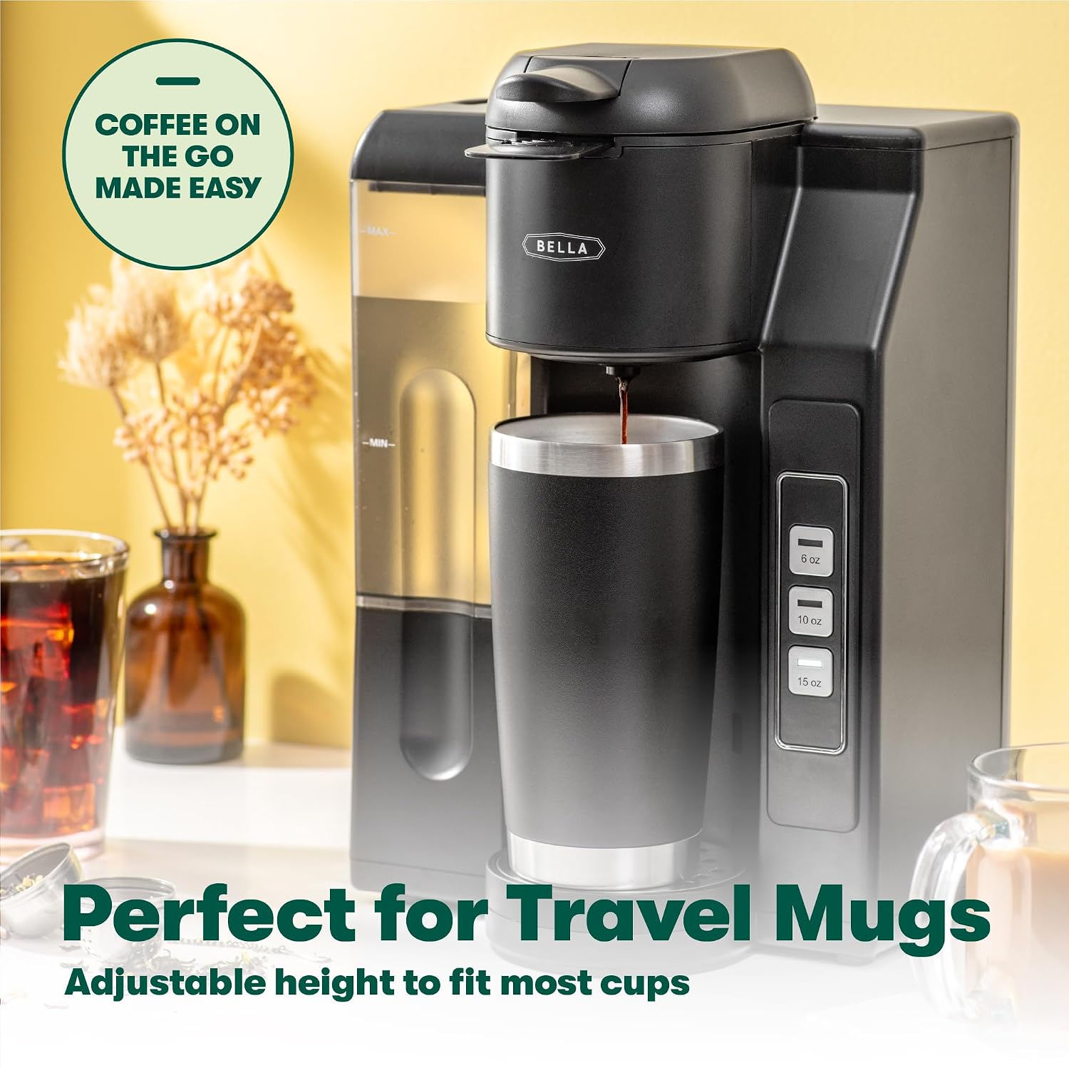 BELLA Single Serve Coffee Maker, Dual Brew, K-cup Compatible - Ground Coffee Brewer with Removable Water Tank & Adjustable Drip Tray