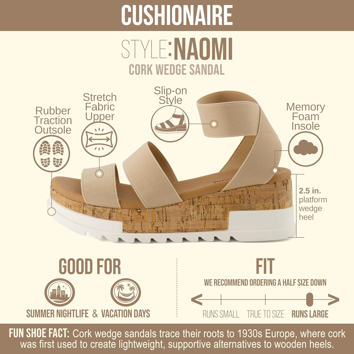 CUSHIONAIRE Naomi Cork Wedge Sandals for Women – Soft Stretch Straps Comfortable Platform Sandals for Women with Memory Foam Insole